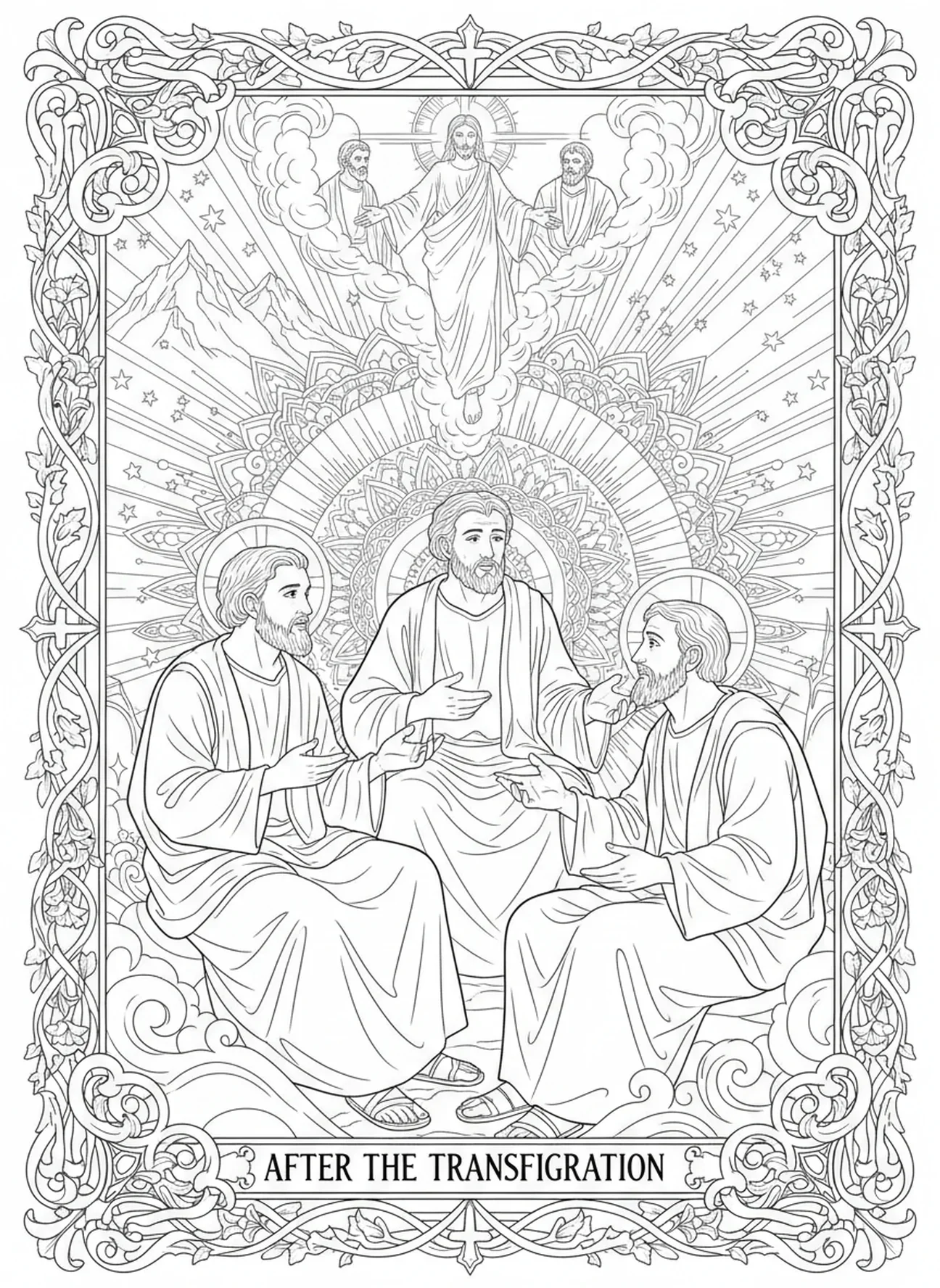 Discípulos discutindo a experiência, página de colorir sobre a Transfiguração de Jesus no Monte Tabor, estilo de journaling bíblico para adultos.