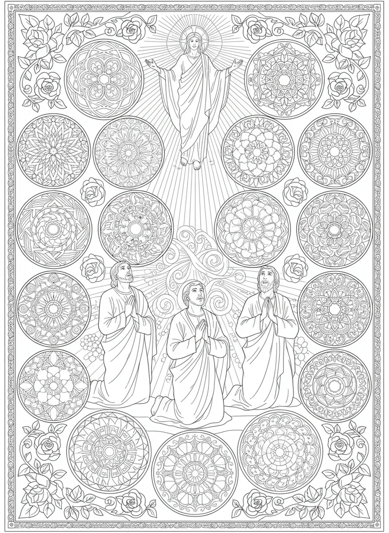 Discípulos observando, página para colorir sobre a Transfiguração de Jesus no Monte Tabor, estilo de journaling bíblico para adultos.