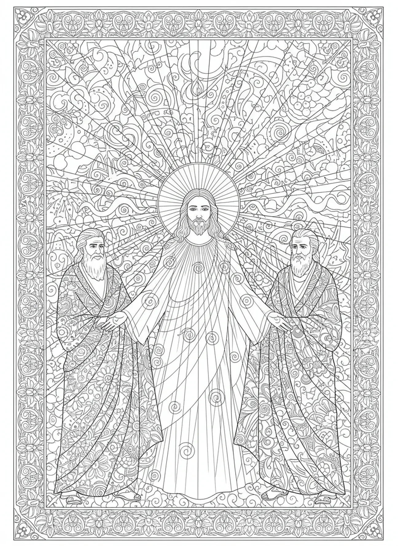 Luz divina de Jesus, página para colorir sobre a Transfiguração de Jesus no Monte Tabor, estilo de journaling bíblico para adultos.