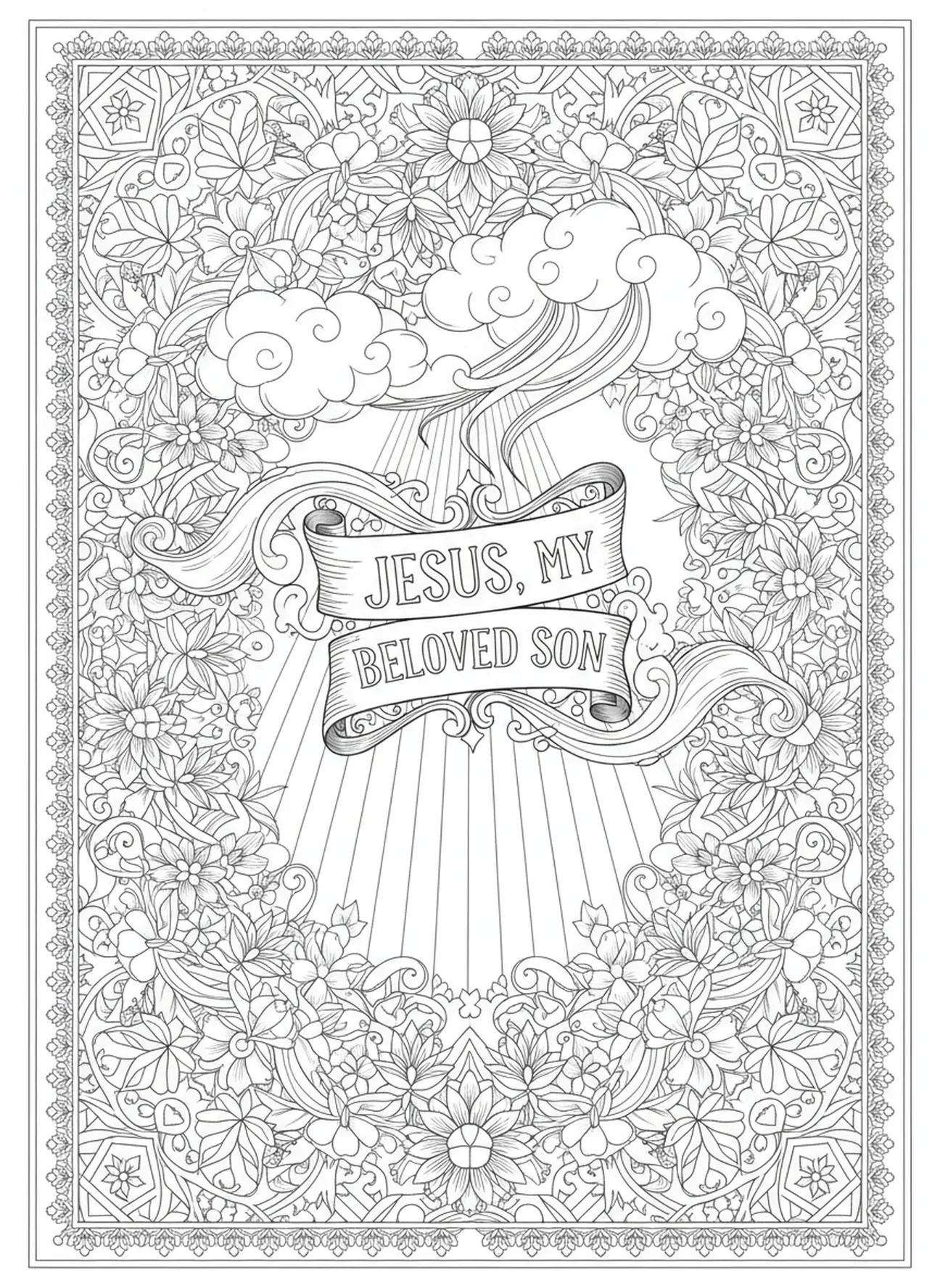 Voz celestial declarando, página para colorir da Transfiguração de Jesus no Monte Tabor, estilo de journaling bíblico para adultos.