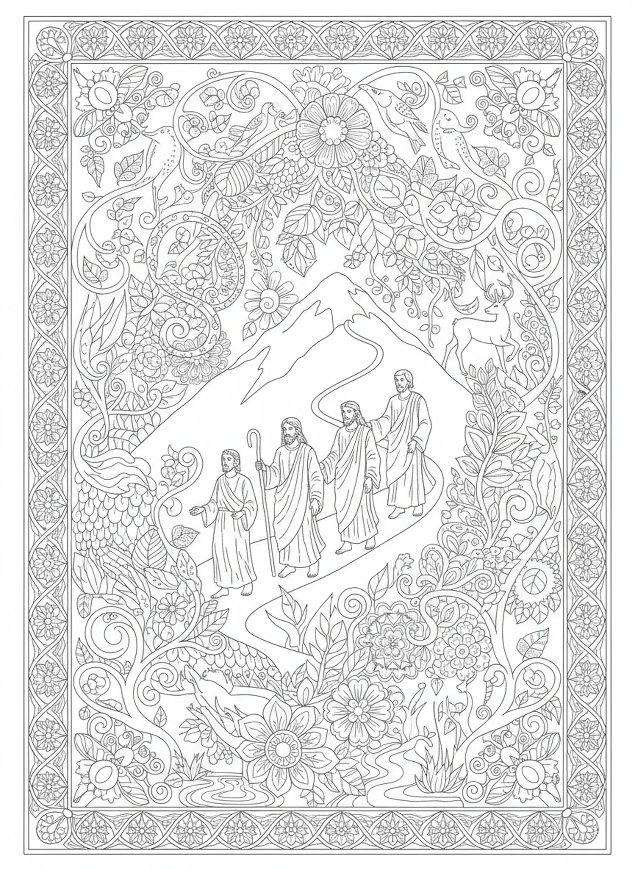 Jesus e discípulos caminhando, página para colorir sobre a Transfiguração de Jesus no Monte Tabor, estilo de journaling bíblico para adultos.