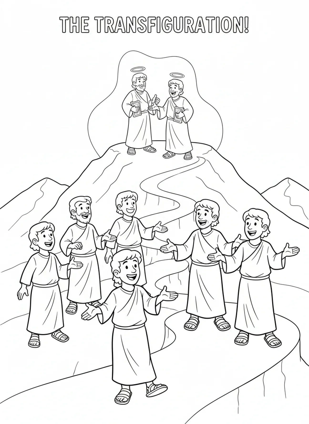 Discipulos descendo, página para colorir da Transfiguração de Jesus no Monte Tabor para crianças de 5 a 10 anos.