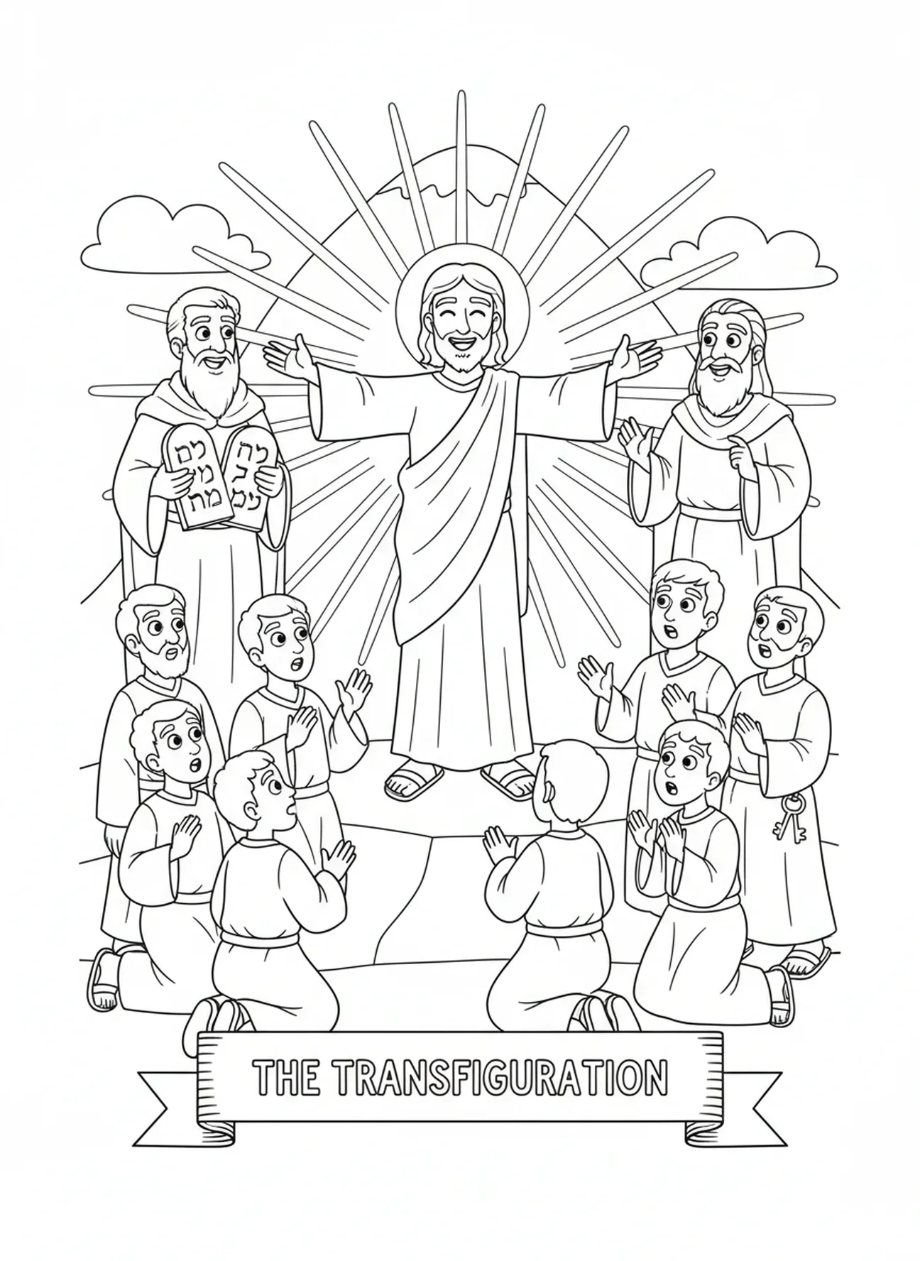 Jesus radiante com os discípulos, página de colorir da Transfiguração de Jesus no Monte Tabor para crianças de 5 a 10 anos.