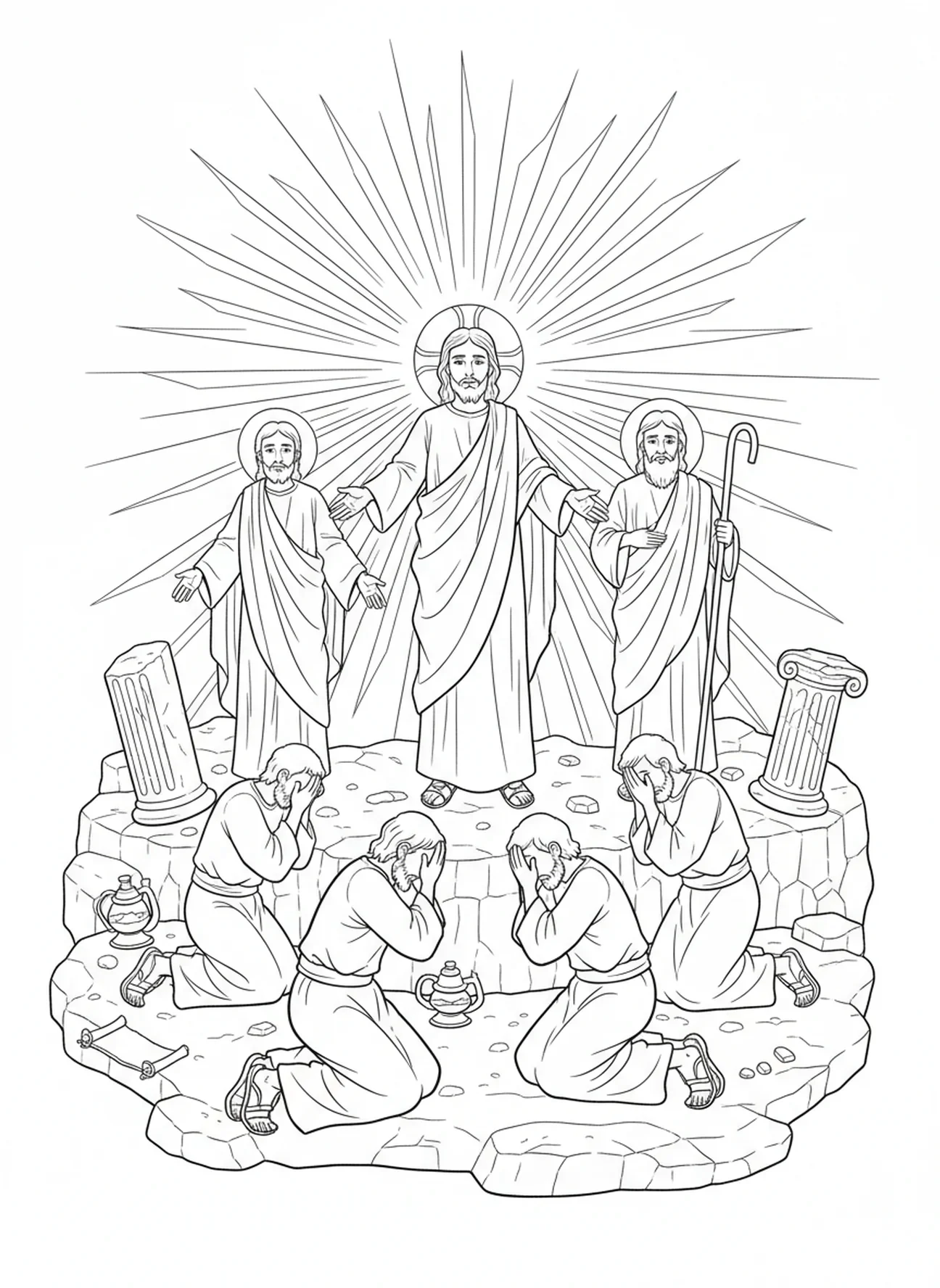 Apóstolos com medo, página de colorir da Transfiguração de Jesus no Monte Tabor para crianças da Escola Dominical de 5 a 12 anos