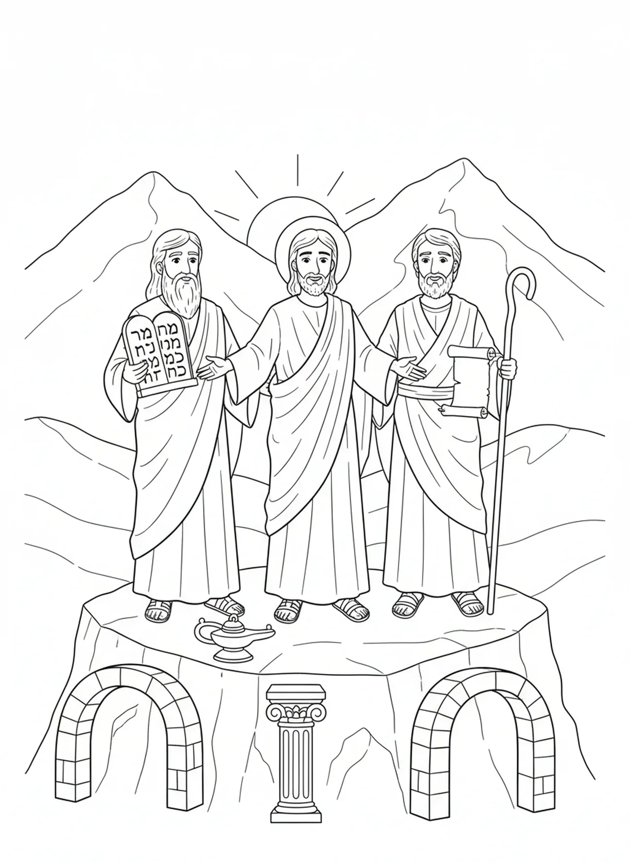 Jesus com Moisés e Elias, página para colorir da Transfiguração de Jesus no Monte Tabor para crianças da Escola Dominical de 5 a 12 anos