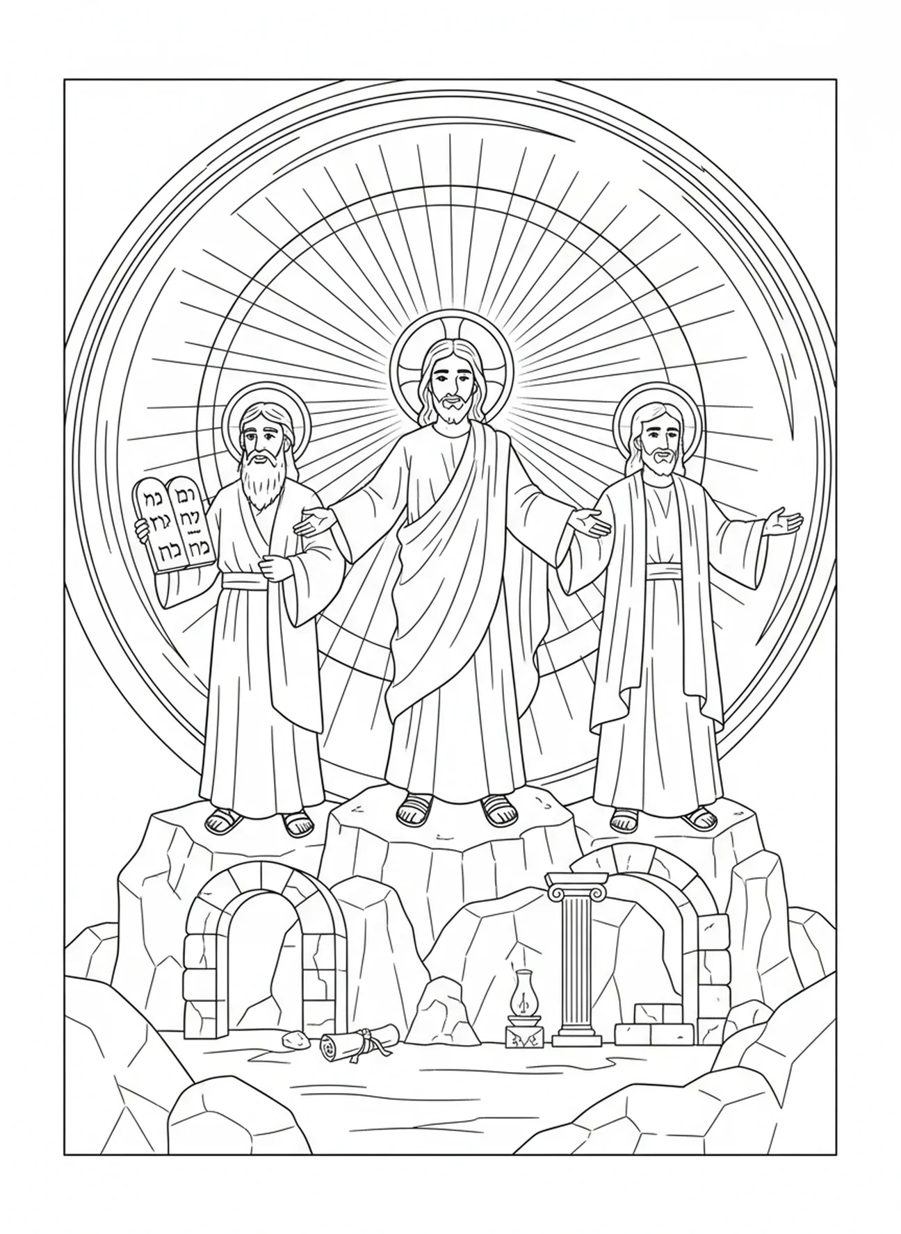Jesus Transfigurado, página para colorir da Transfiguração de Jesus no Monte Tabor para crianças da Escola Dominical de 5 a 12 anos