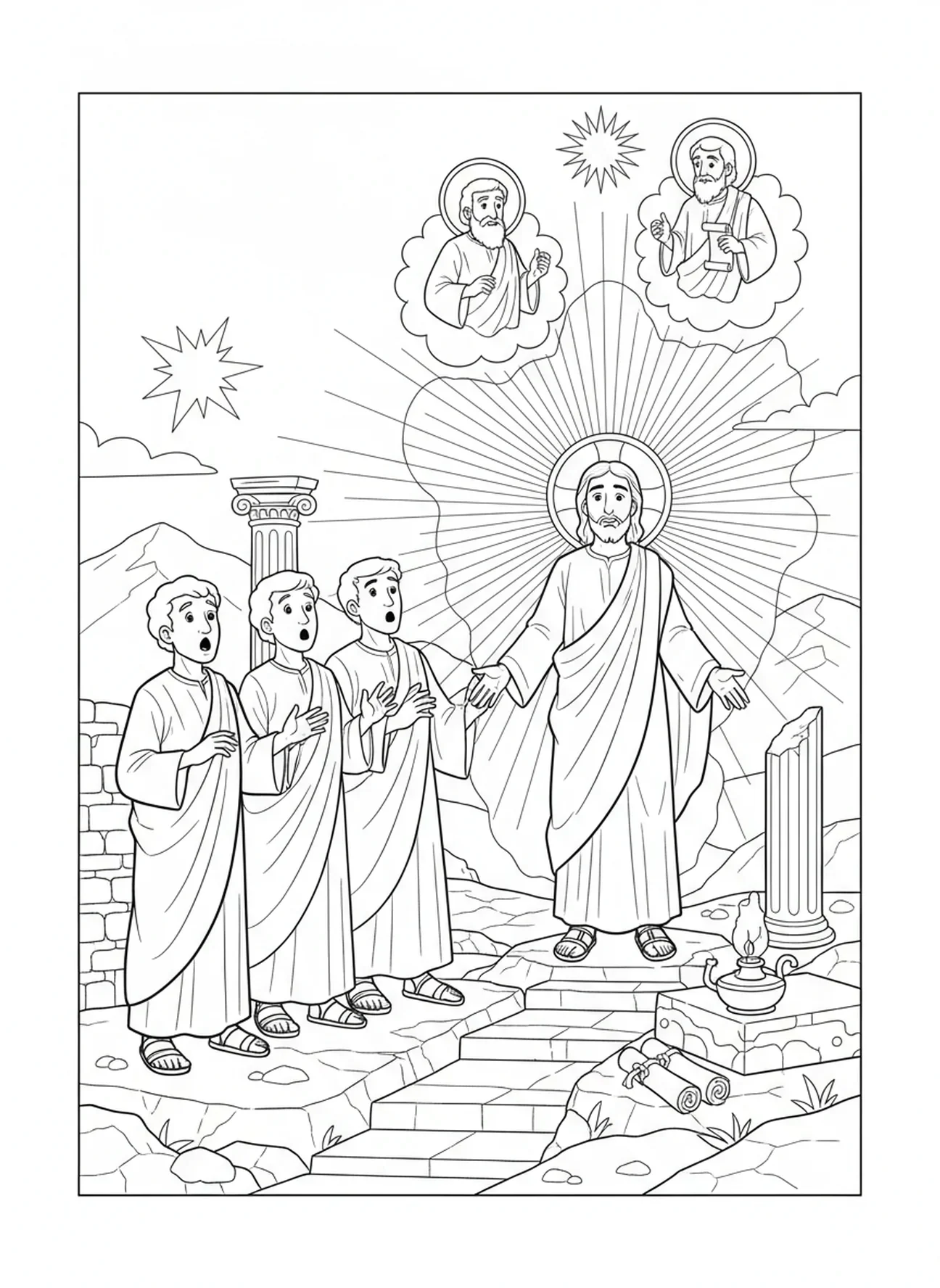 Apóstolos testemunhando, página de colorir da Transfiguração de Jesus no Monte Tabor para crianças de 5 a 12 anos na Escola Dominical