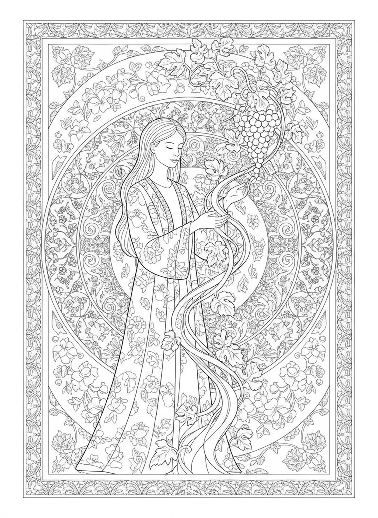 Figura de jardineiro com a videira, página de colorir Jesus, a Videira Verdadeira, estilo de journaling bíblico para adultos