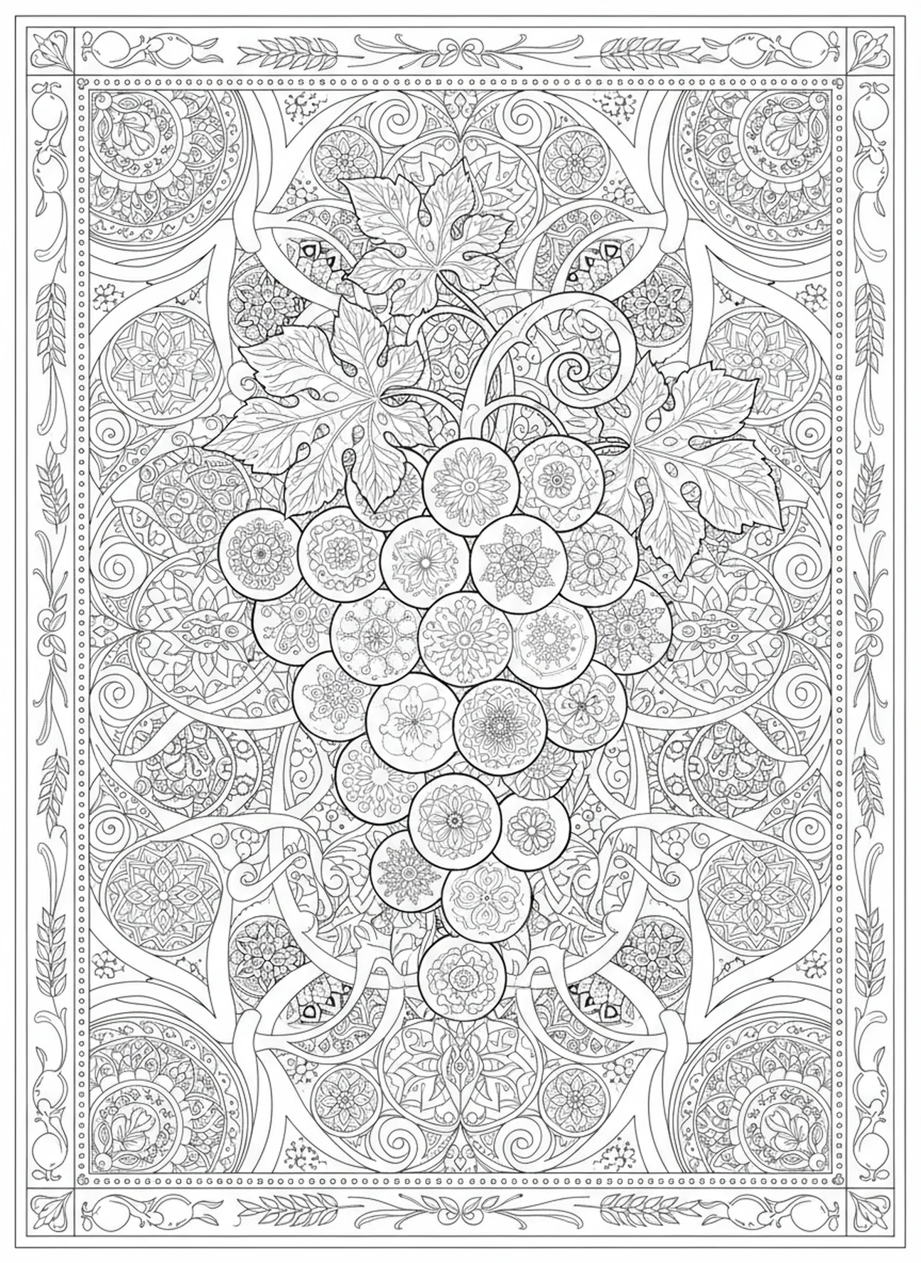 Cacho de uvas na videira, página de colorir Jesus, a Videira Verdadeira, estilo de journaling bíblico para adultos