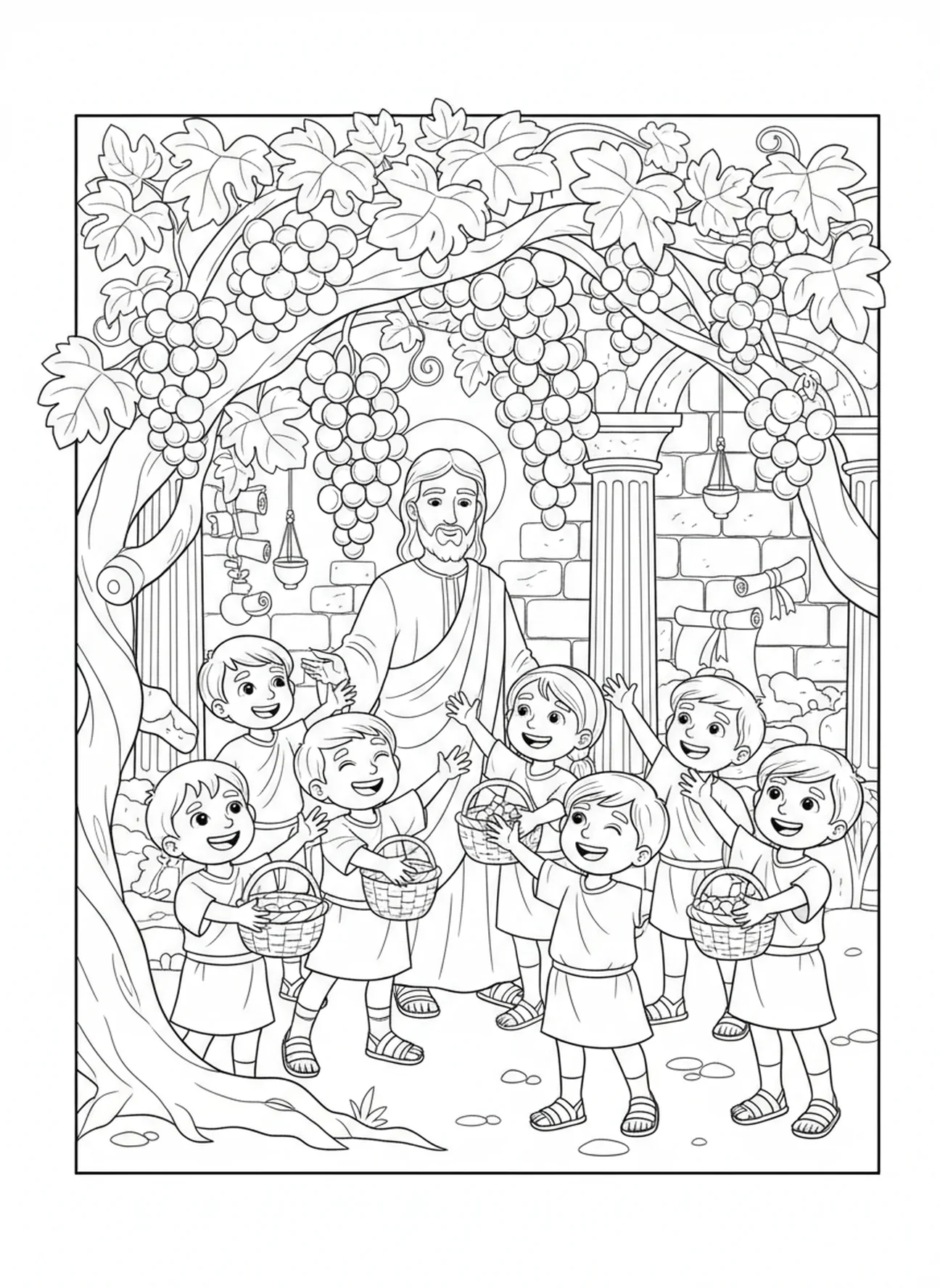 Crianças colhendo uvas da videira, página para colorir Jesus, a Videira Verdadeira, para crianças da Escola Dominical de 5 a 12 anos.