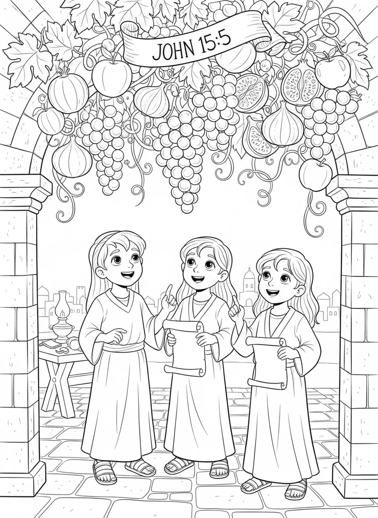 Crianças admirando os frutos na videira, página de colorir Jesus, a Videira Verdadeira para crianças da Escola Dominical de 5 a 12 anos.