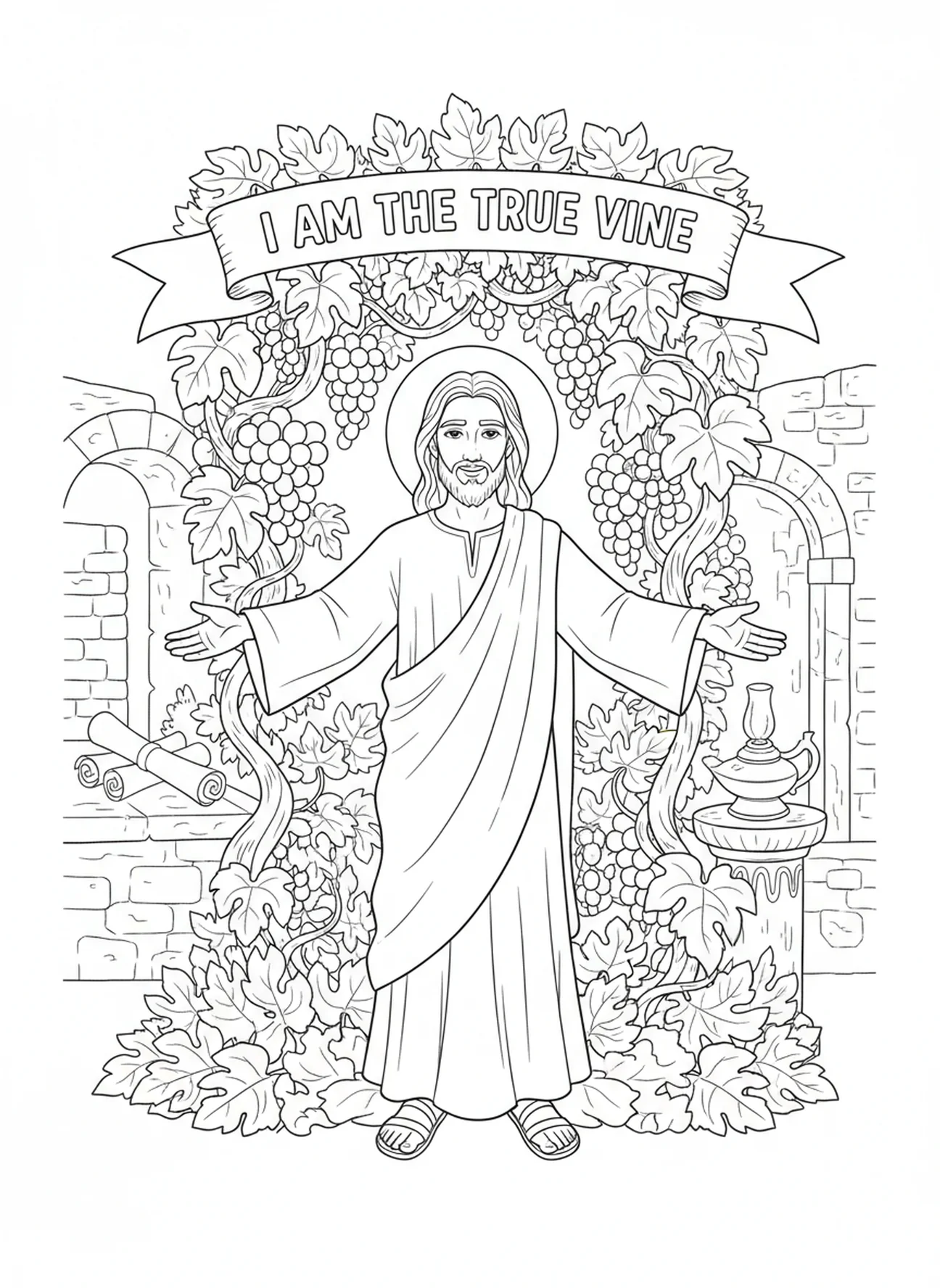 Jesus em pé entre videiras, página de colorir Jesus, a Videira Verdadeira para crianças da Escola Dominical de 5 a 12 anos.