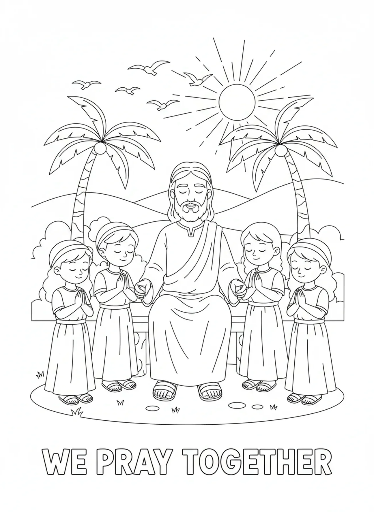 Jesus e crianças orando juntas, página para colorir Jesus com Crianças para crianças de 5 a 10 anos.