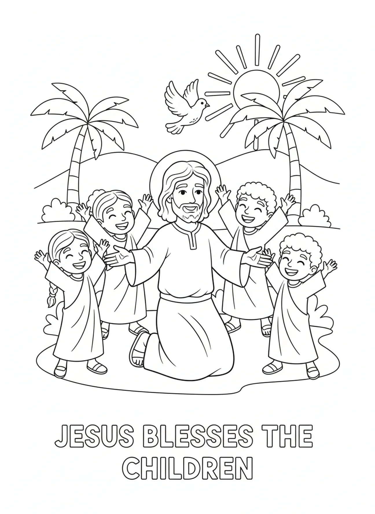 Jesus abençoando crianças, página para colorir Jesus com Crianças para crianças de 5 a 10 anos.