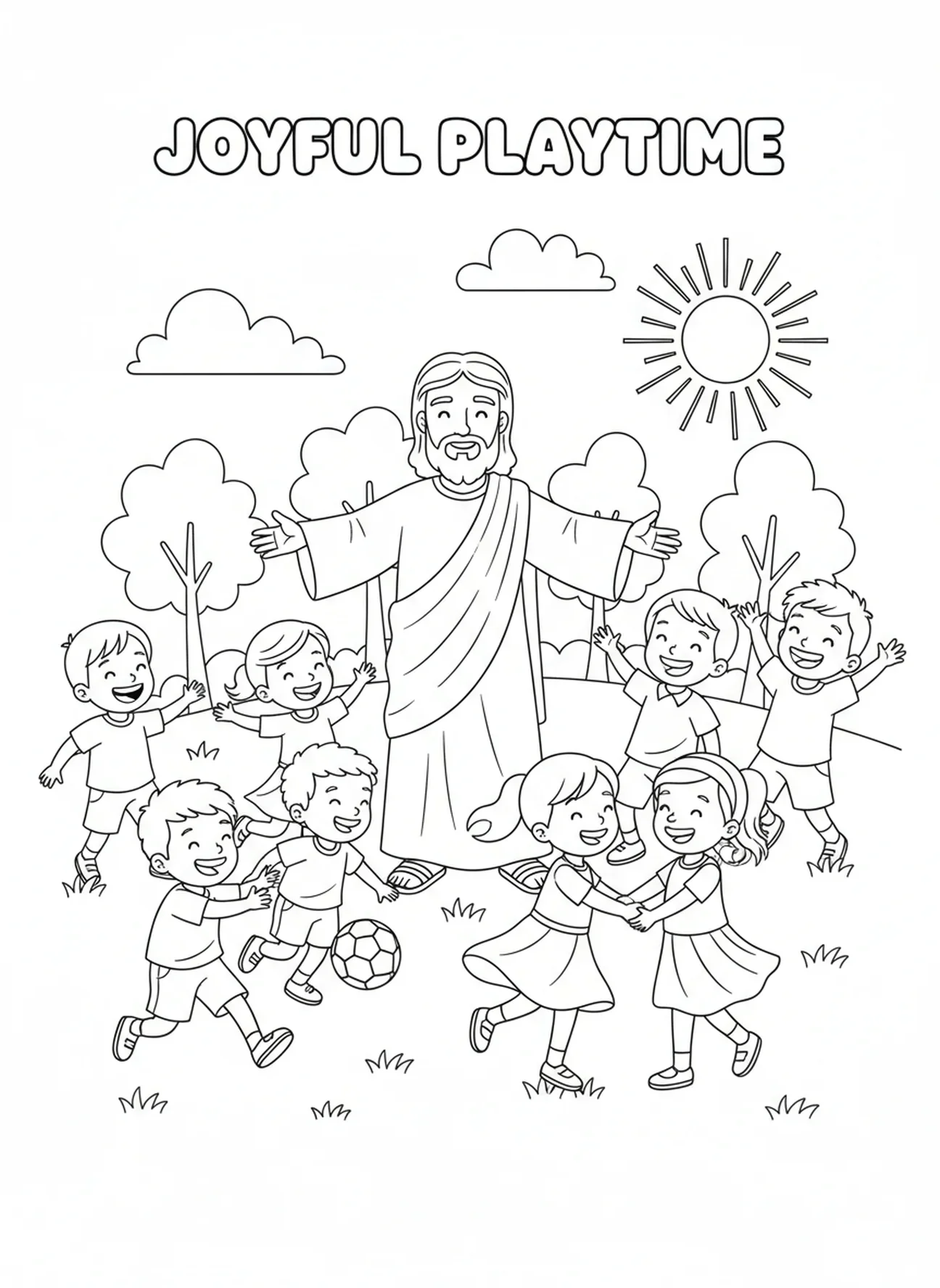Crianças brincando ao redor de Jesus, página para colorir Jesus com Crianças para crianças de 5 a 10 anos.