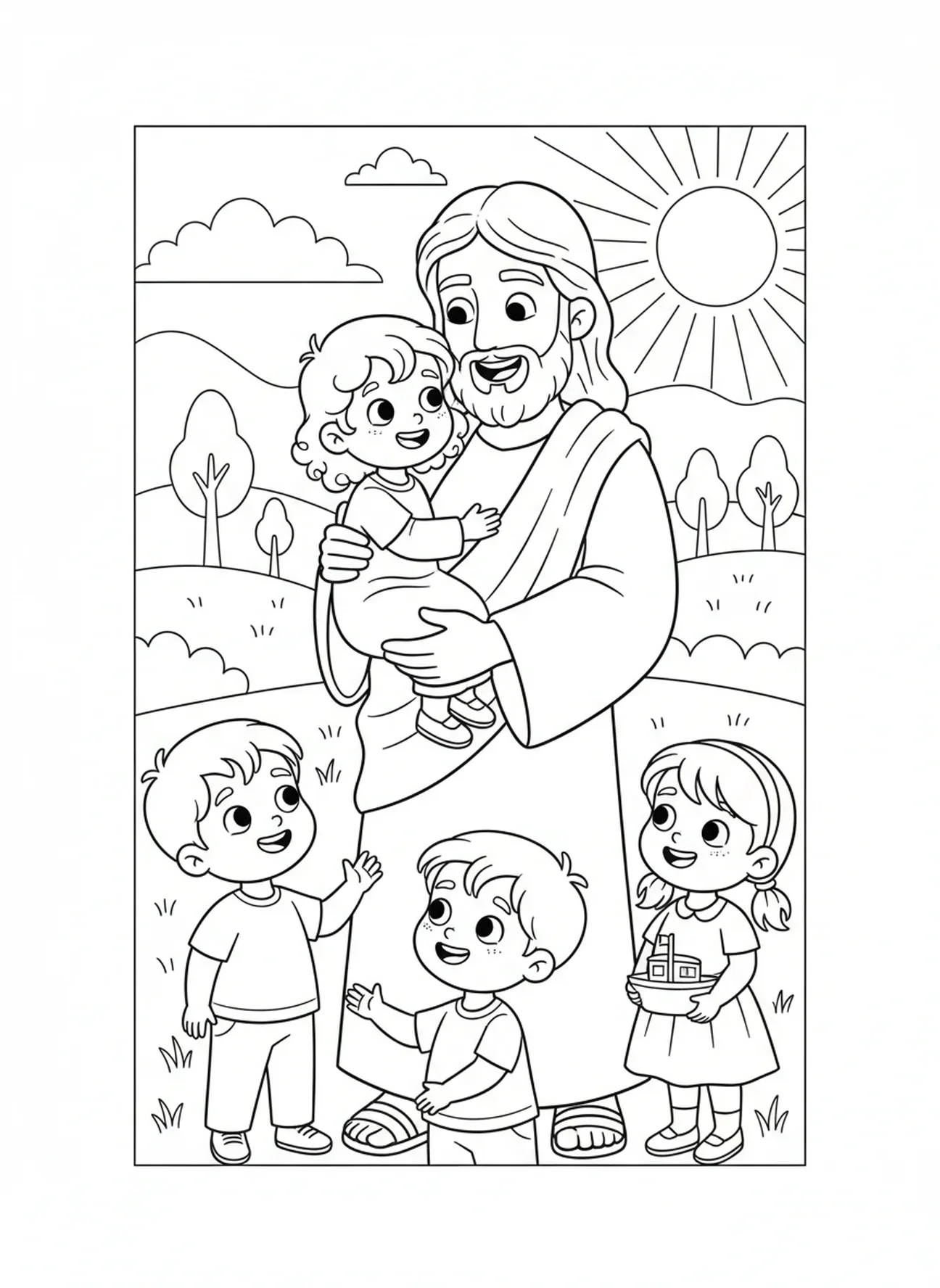 Jesus segurando uma criança, página para colorir Jesus com Crianças para crianças de 5 a 10 anos.
