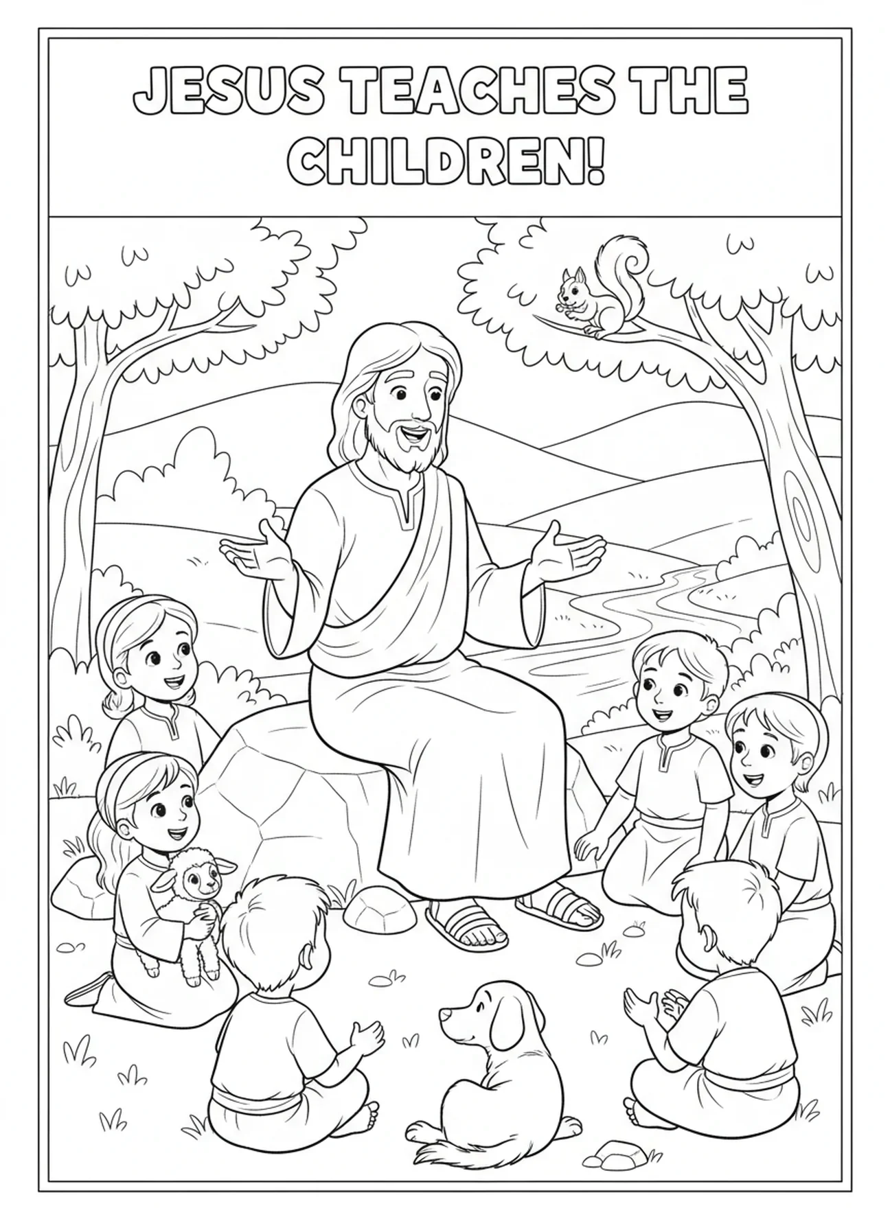 Jesus ensinando crianças, página para colorir Jesus com crianças para crianças de 5 a 10 anos.