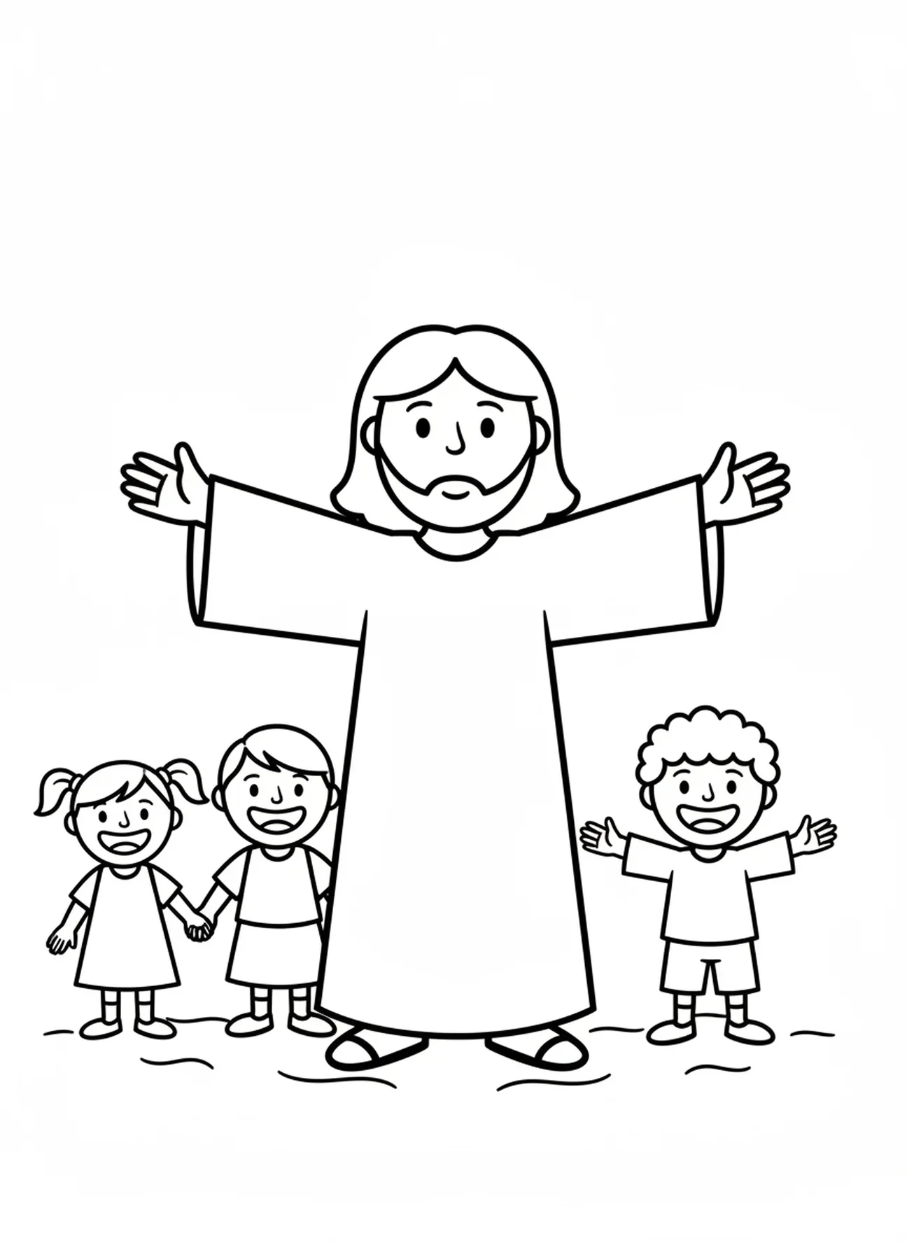 Jesus com crianças felizes, página para colorir Jesus com Crianças para pré-escolares de 3 a 5 anos.