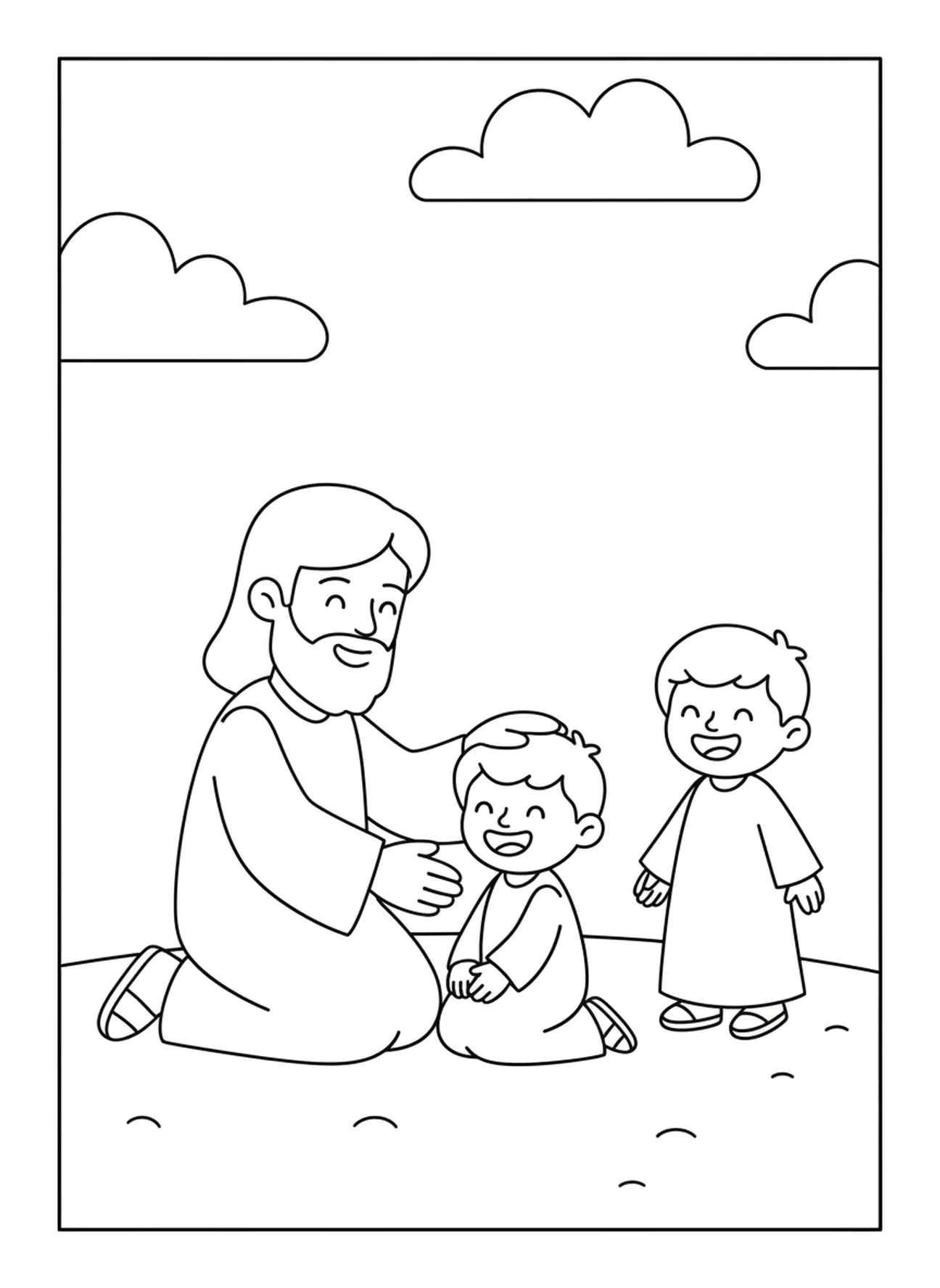 Jesus abençoando uma criança, página de colorir Jesus com Crianças para pré-escolares de 3 a 5 anos.