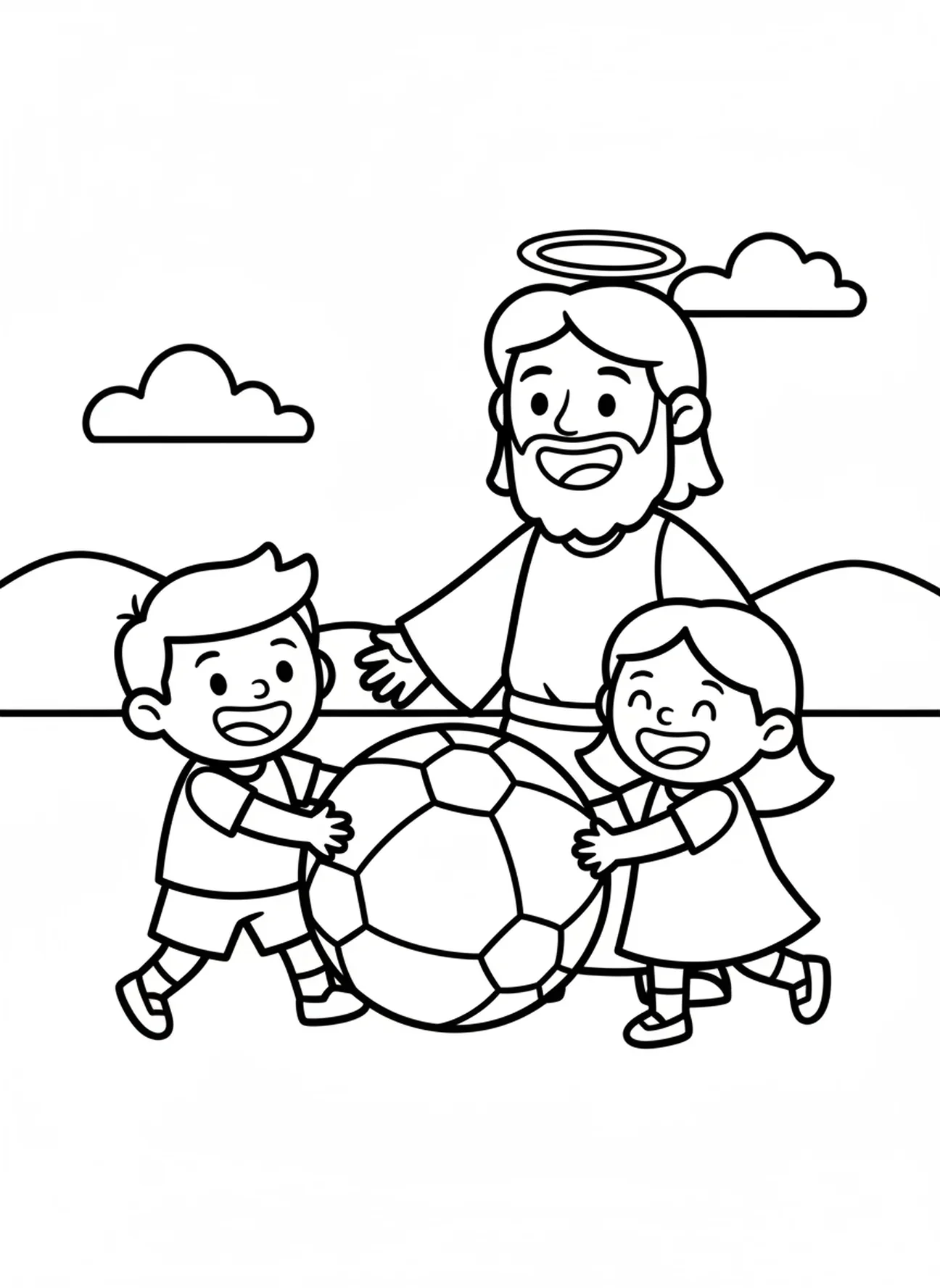 Crianças brincando com Jesus, página de colorir Jesus com Crianças para pré-escolares de 3 a 5 anos.