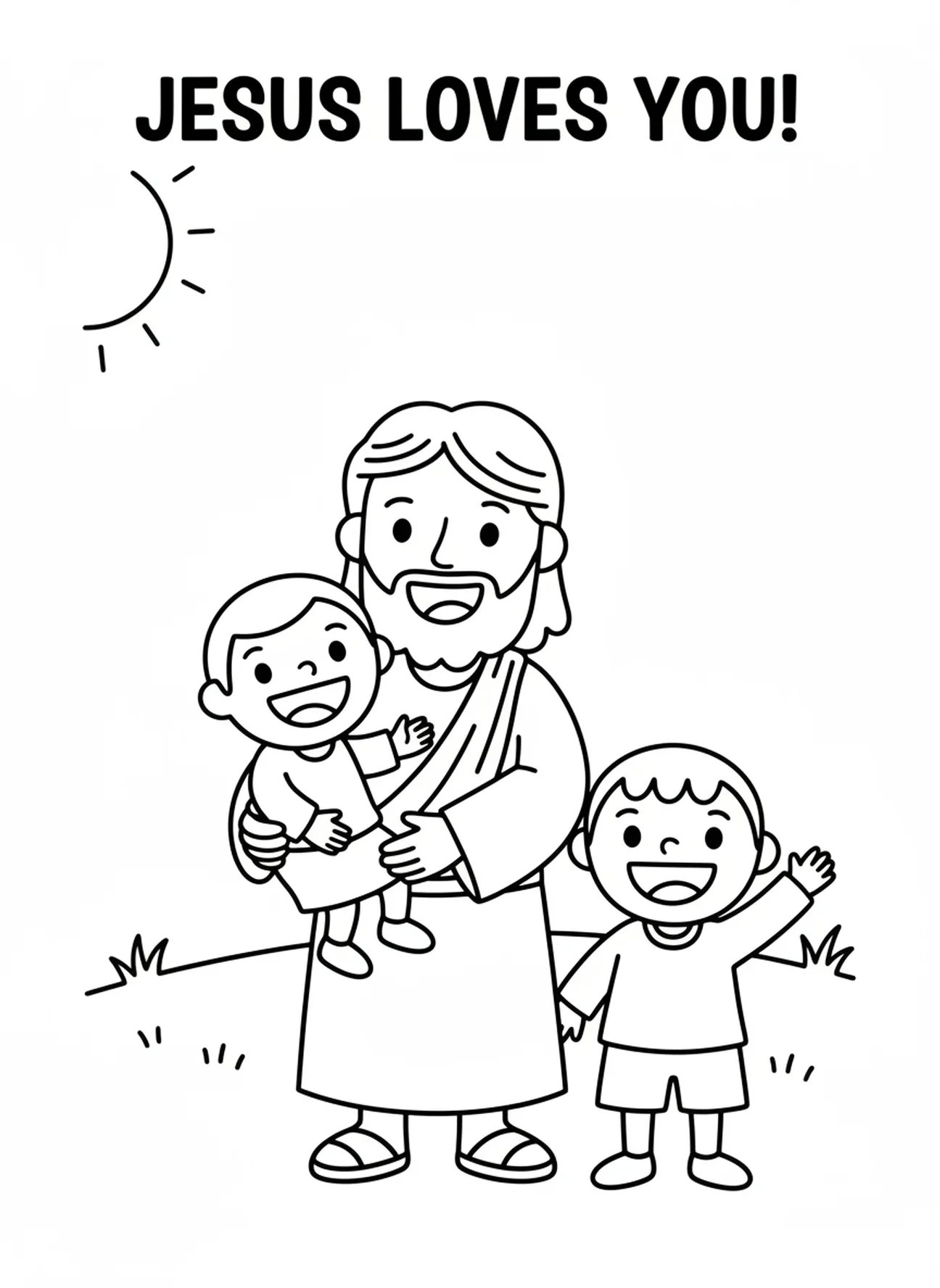 Jesus segurando uma criança sorridente, página de colorir Jesus com Crianças para pré-escolares de 3 a 5 anos.