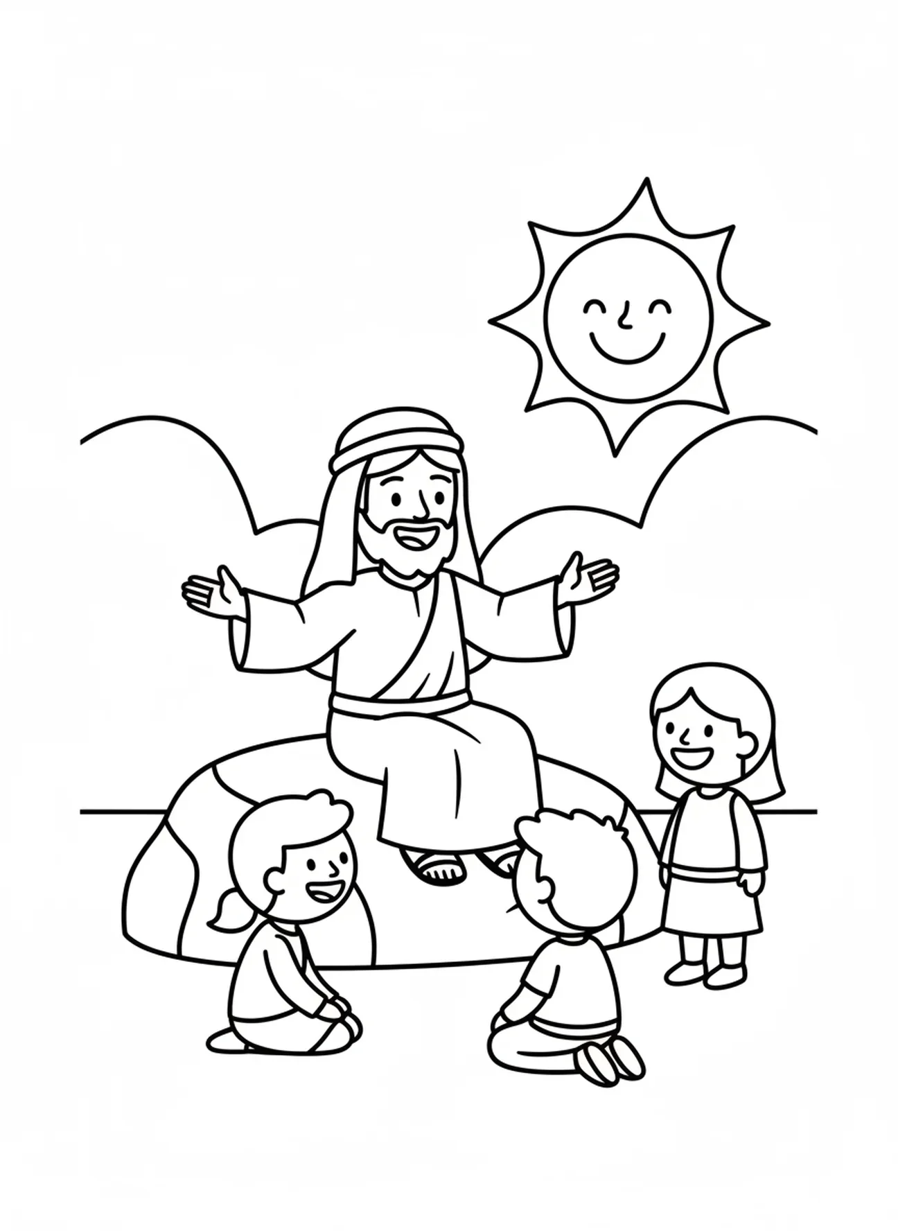 Jesus contando histórias para crianças, página de colorir Jesus com Crianças para pré-escolares de 3 a 5 anos.