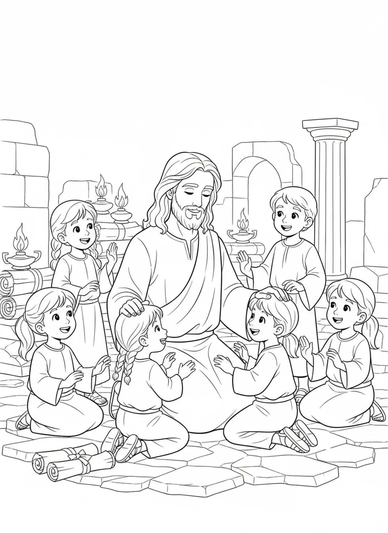 Jésus bénissant des enfants, page à colorier Jésus avec les enfants pour l'École du dimanche, enfants de 5 à 12 ans.