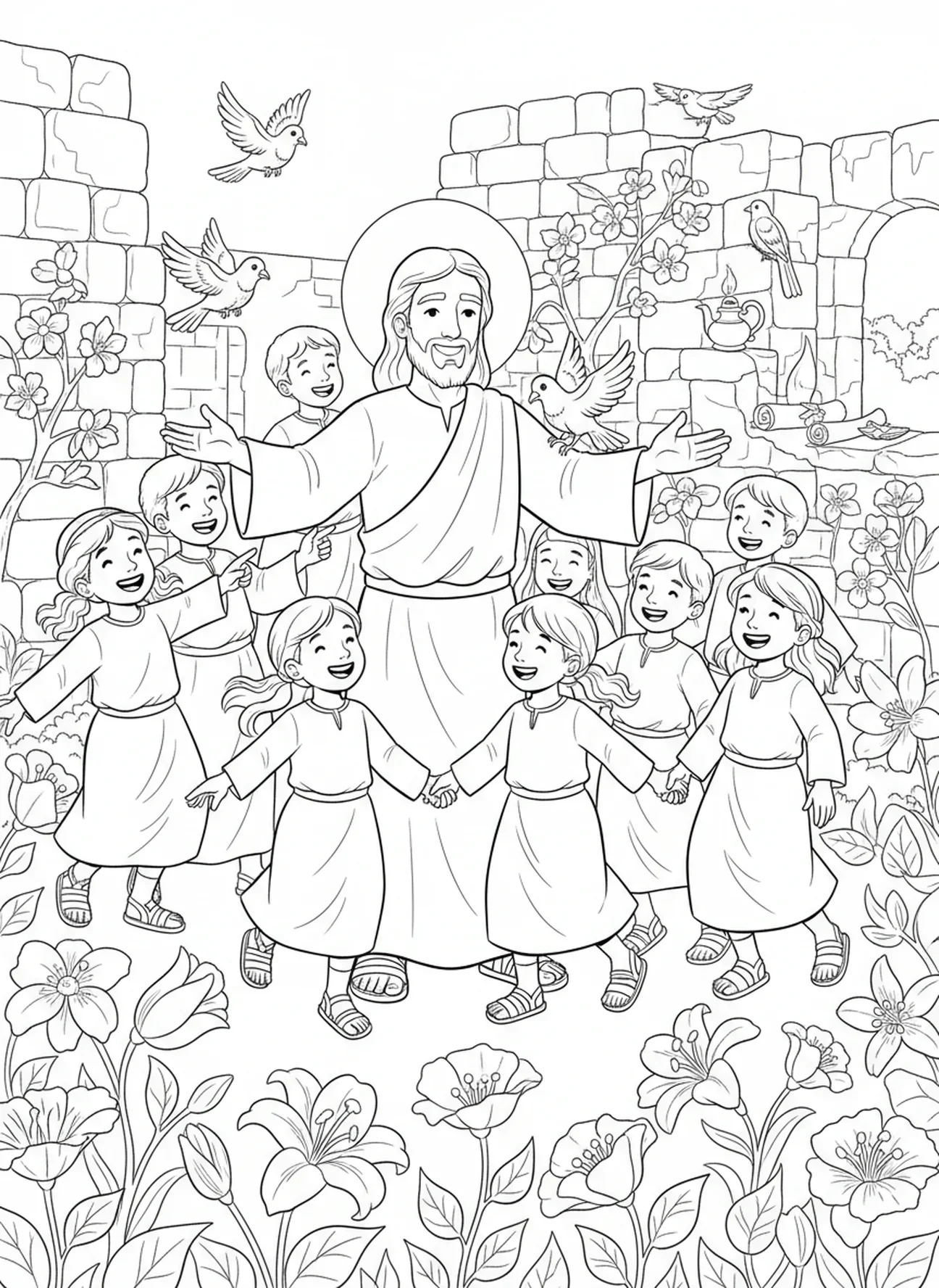 Enfants jouant autour de Jésus, page à colorier Jésus avec les enfants pour les enfants de l'École du dimanche âgés de 5 à 12 ans.