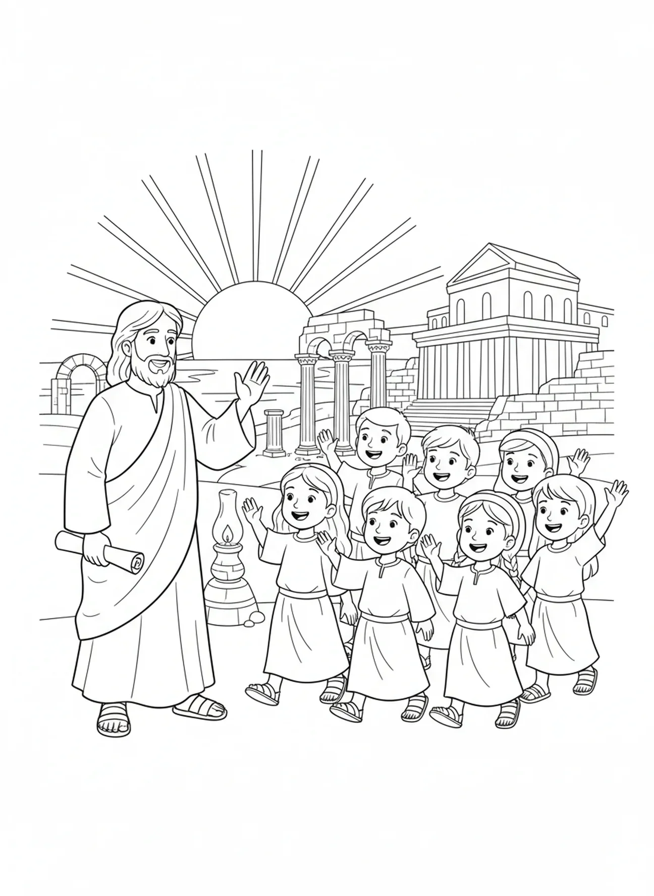 Jésus faisant un signe d'au revoir aux enfants, page à colorier Jésus avec les enfants pour l'École du dimanche, enfants de 5 à 12 ans.
