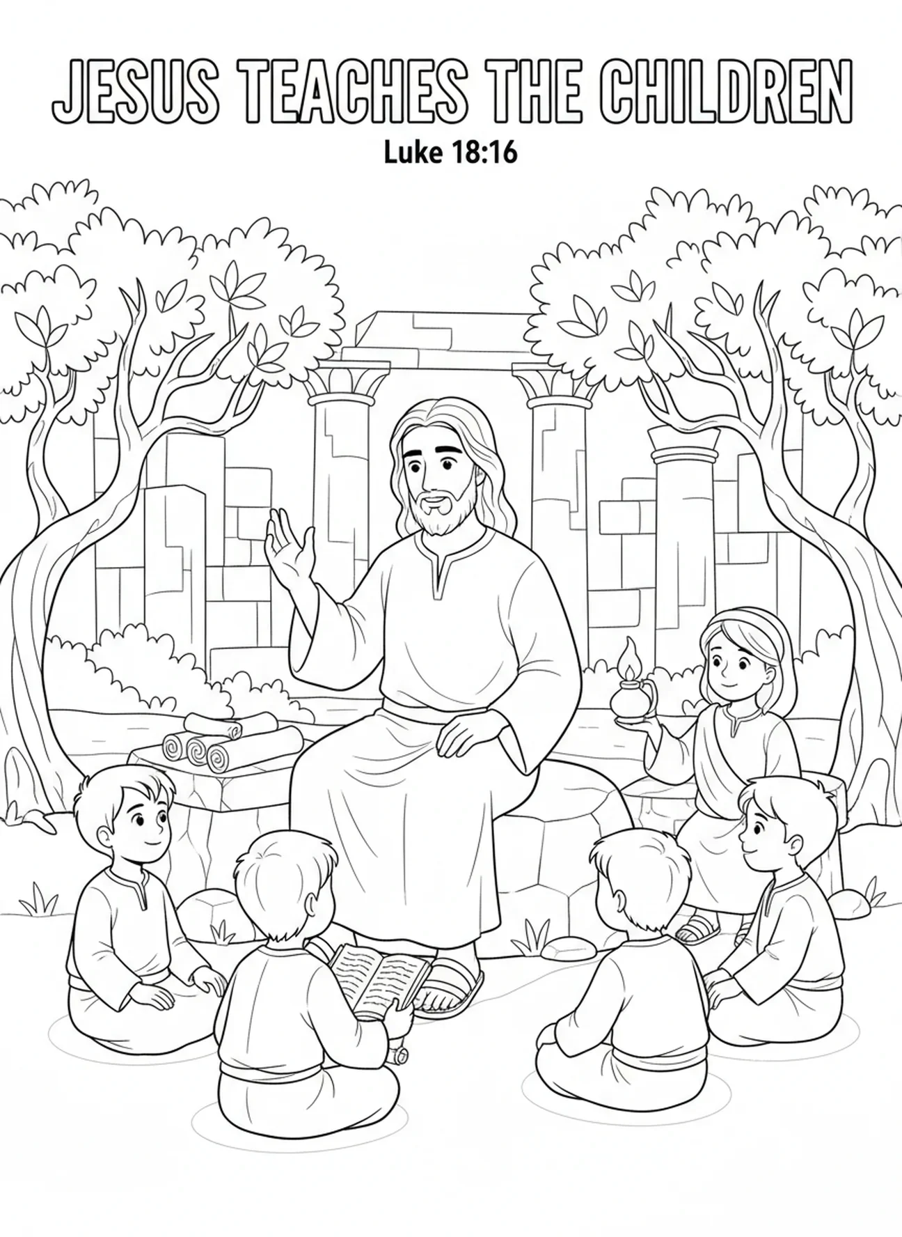 Jésus enseignant aux enfants, page à colorier Jésus avec les enfants pour les enfants de l'École du dimanche âgés de 5 à 12 ans.