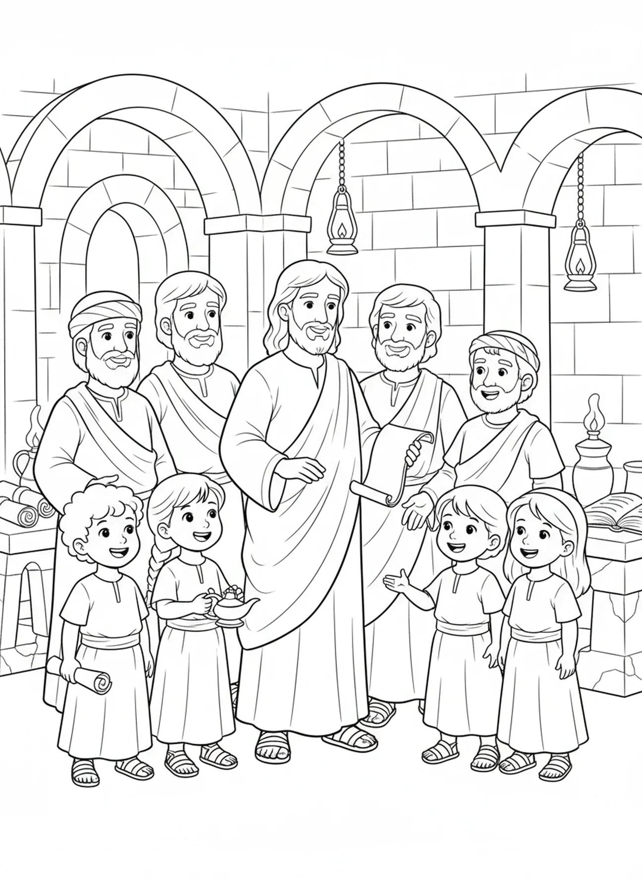 Jésus avec ses disciples observant des enfants, page à colorier Jésus avec les enfants pour l'École du dimanche, enfants de 5 à 12 ans.
