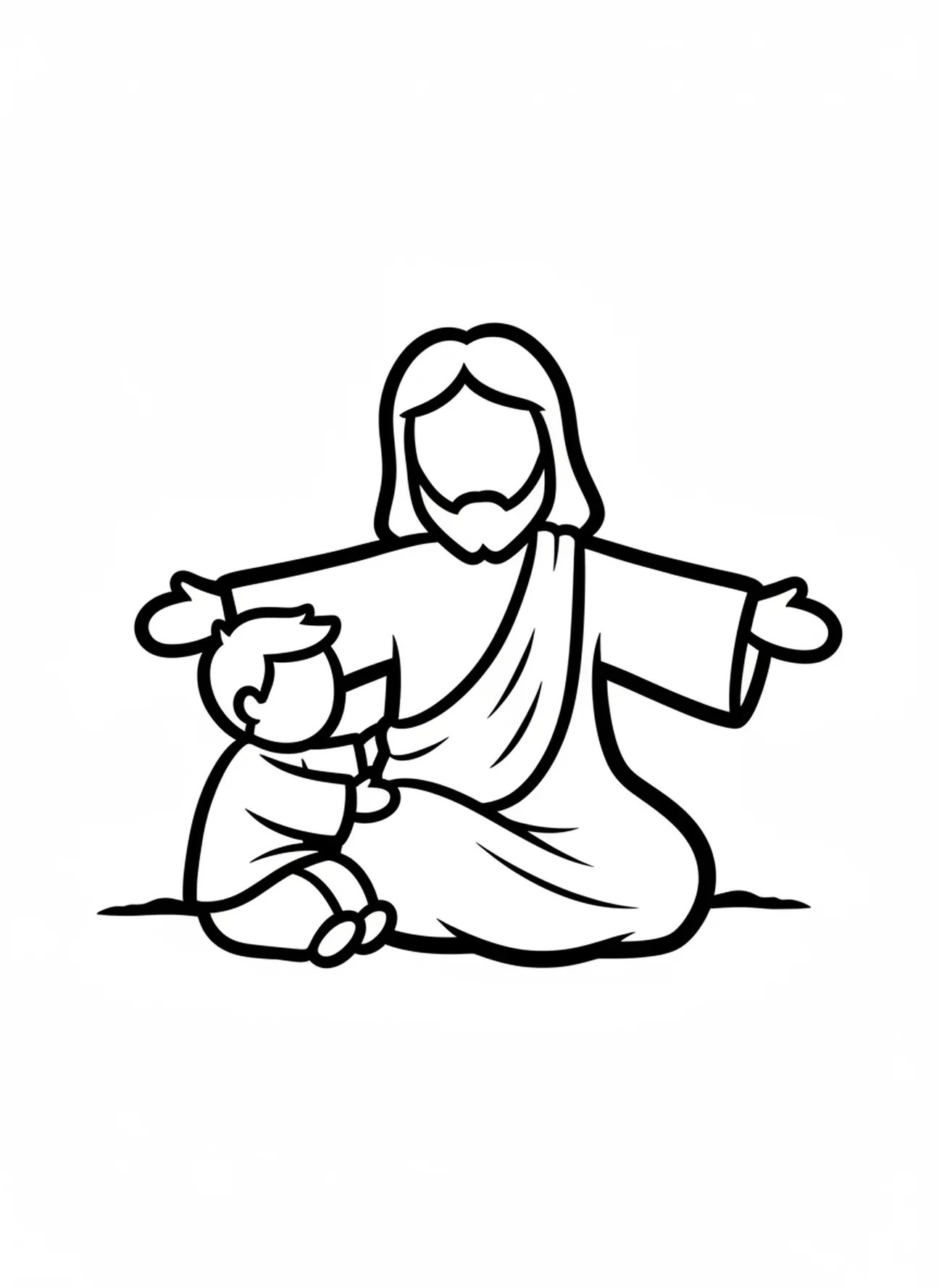 Uma figura gigante de uma criança sentada perto de Jesus, página de colorir Jesus com as Crianças para crianças de 2 a 3 anos