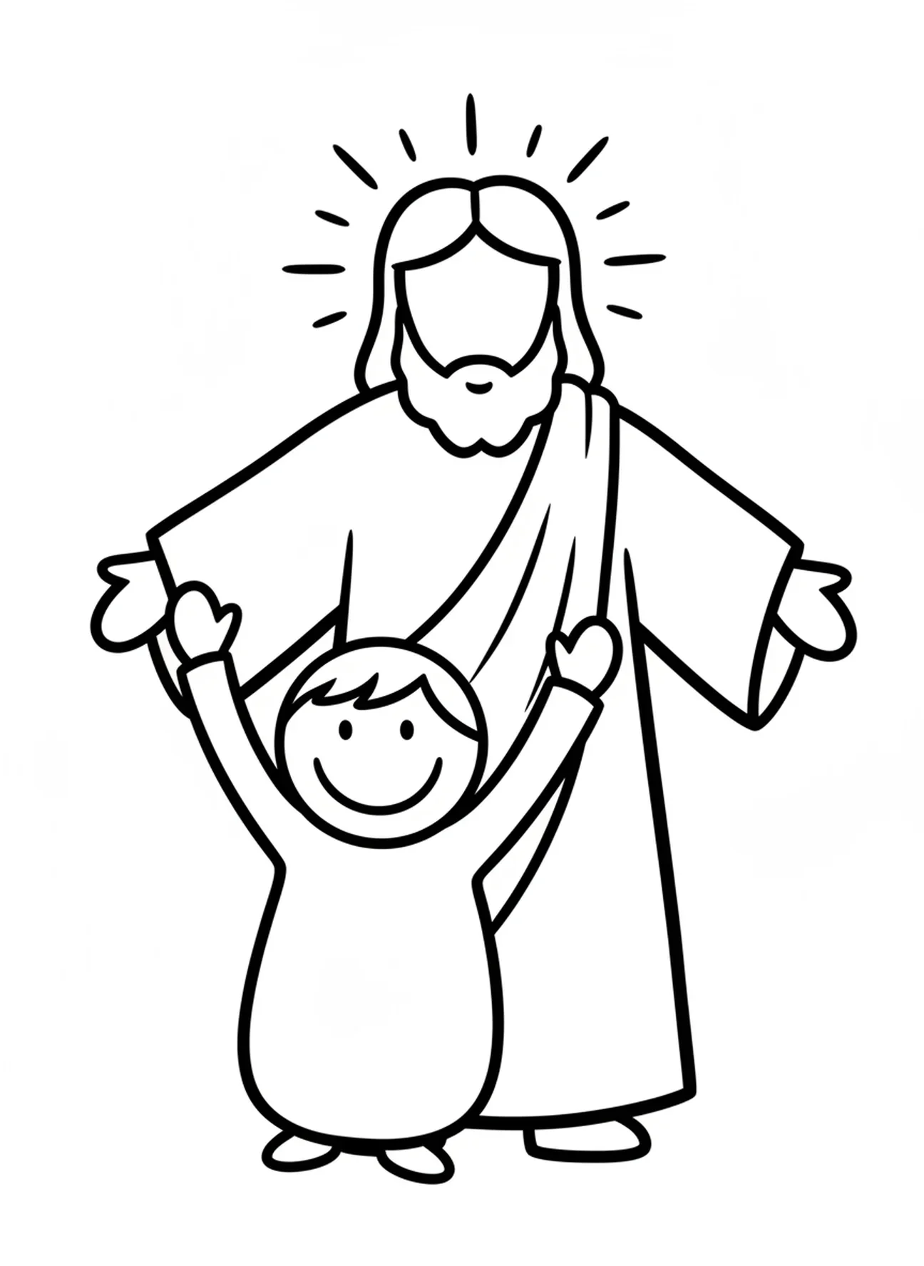 Uma figura gigante de uma criança feliz estendendo os braços para Jesus, página de colorir Jesus com as Crianças para crianças de 2 a 3 anos