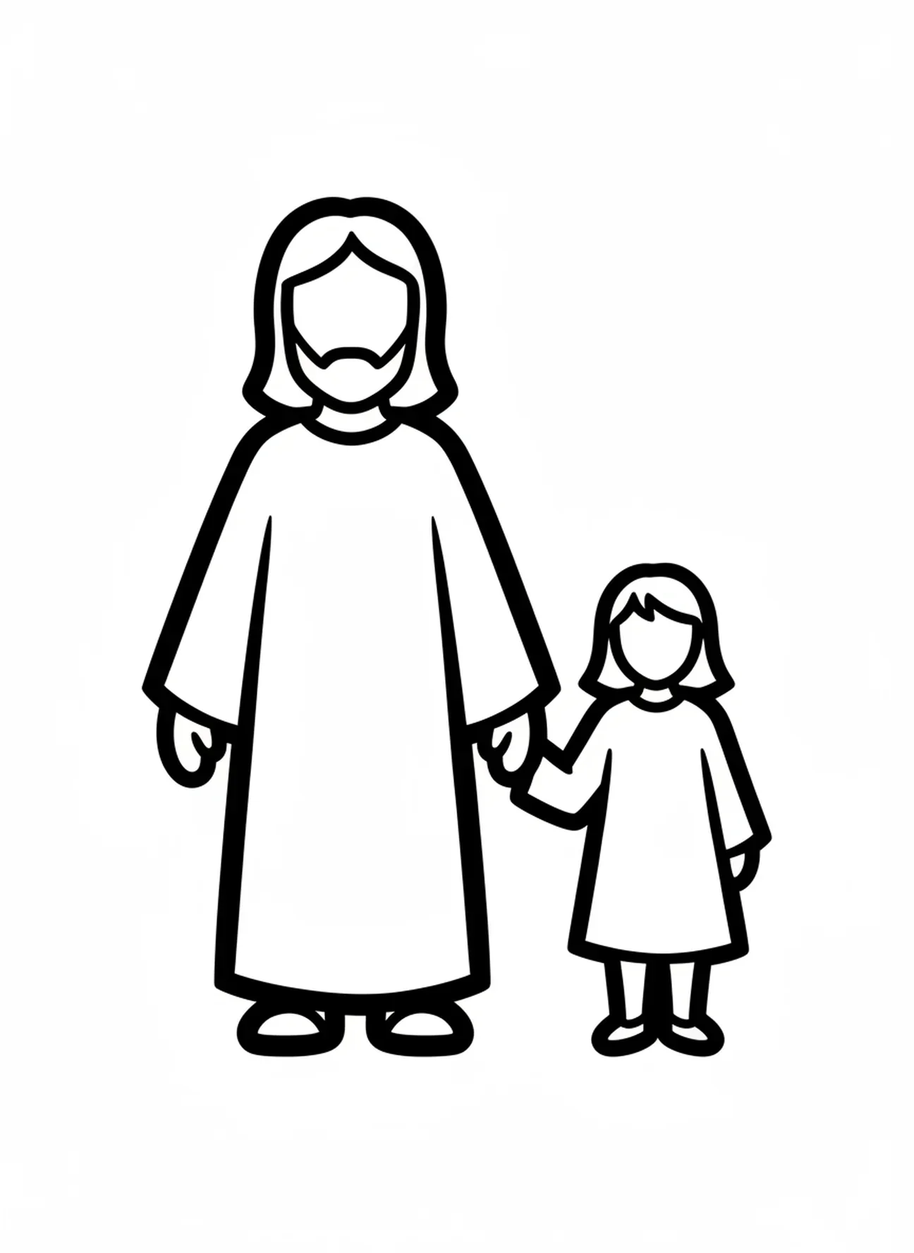 Uma figura gigante de Jesus segurando as mãos de uma criança, página de colorir Jesus com Crianças para crianças de 2 a 3 anos