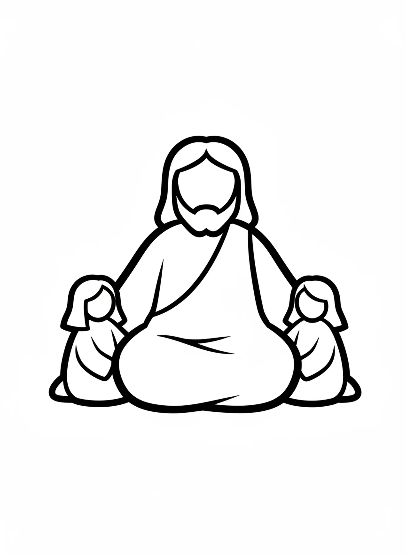 Uma figura gigante de Jesus sentado com crianças, página de colorir Jesus com Crianças para crianças de 2 a 3 anos