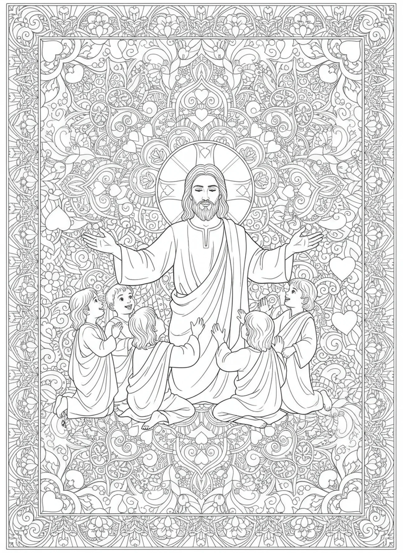 Jezus błogosławi dzieci, kolorowanka Jezus z Uczniami w stylu dziennika biblijnego dla dorosłych.