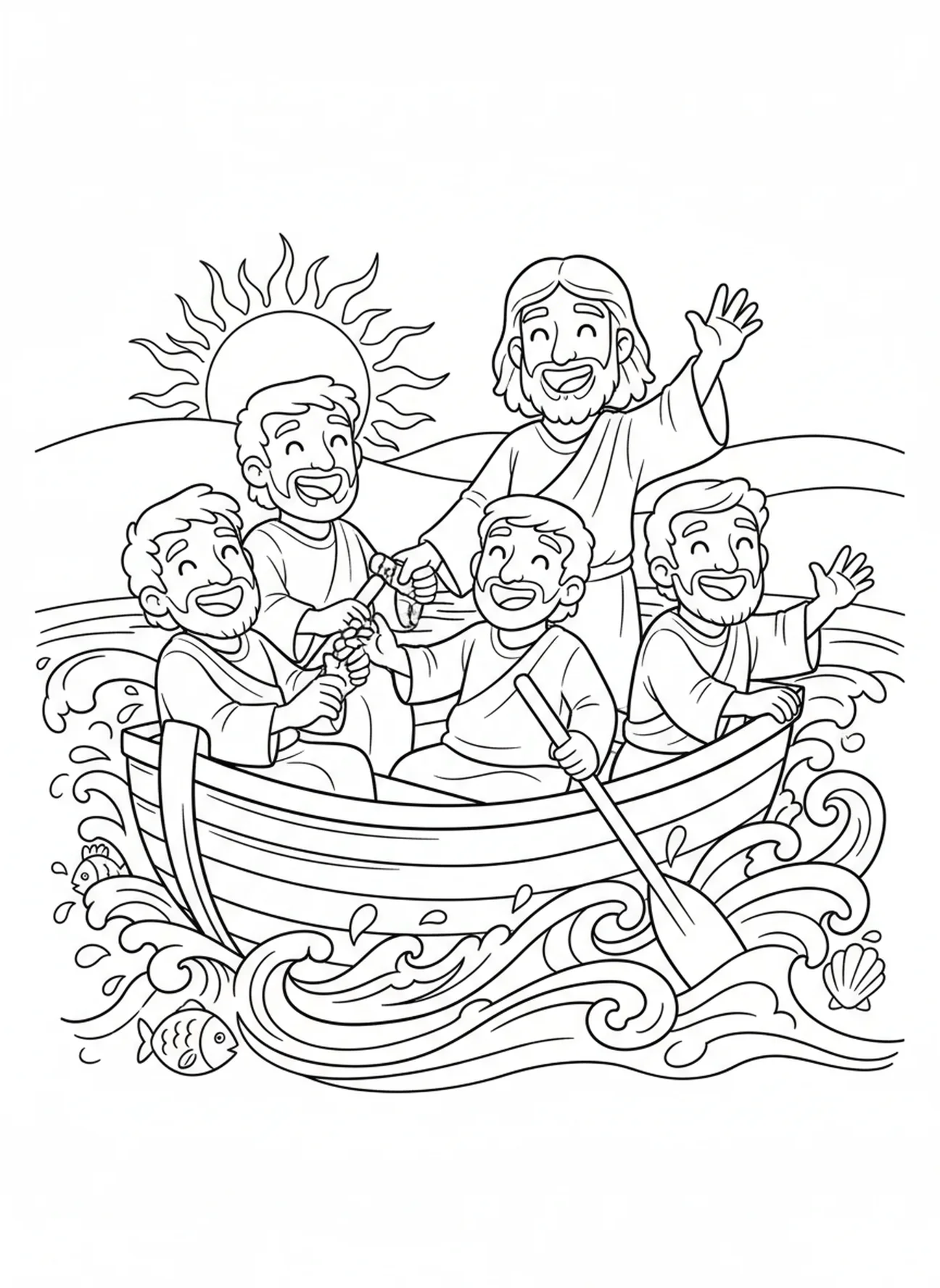 Jünger in einem Boot mit Jesus, Ausmalbild Jesus mit den Jüngern für Kinder im Alter von 5-10 Jahren.