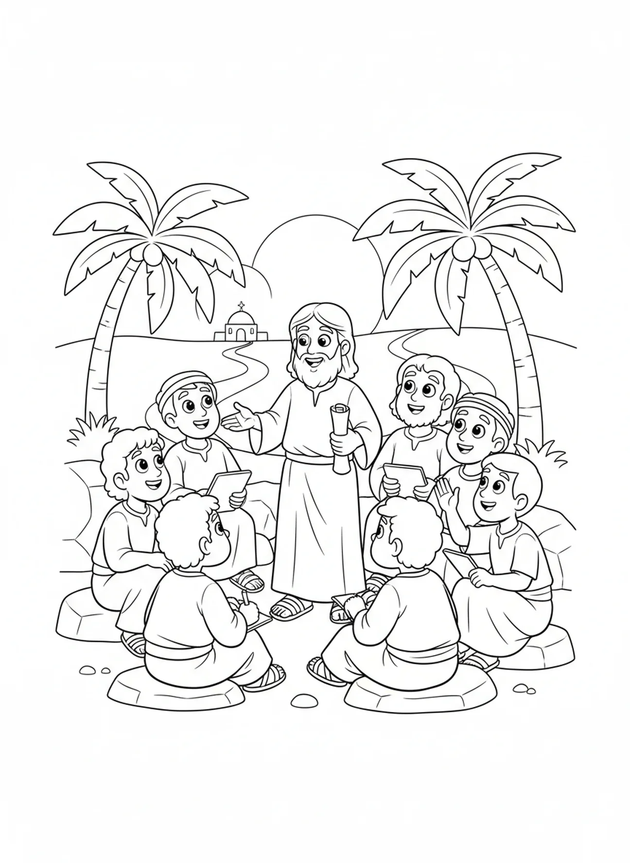 Jünger hören Jesus zu, Ausmalbild von Jesus mit Jüngern für Kinder im Alter von 5-10 Jahren.