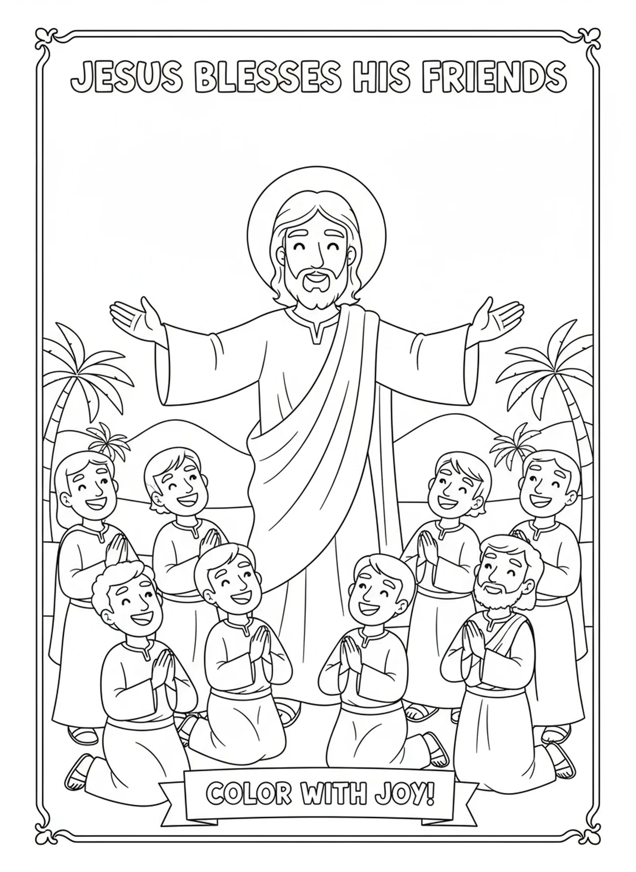 Jesus segnet seine Jünger, Ausmalbild Jesus mit Jüngern für Kinder im Alter von 5-10 Jahren.