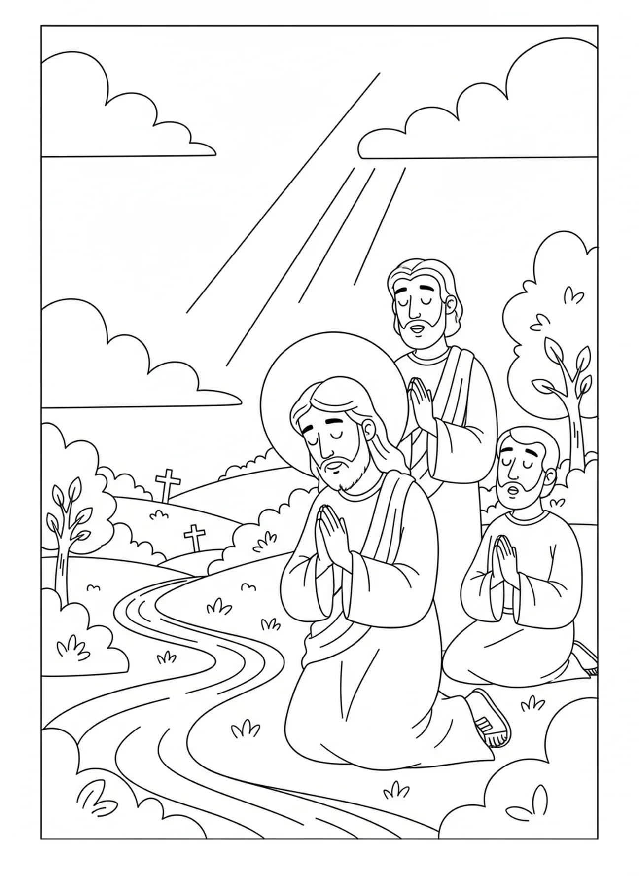 Jesus betet mit seinen Jüngern, Ausmalbild Jesus mit Jüngern für Kinder im Alter von 5-10 Jahren.