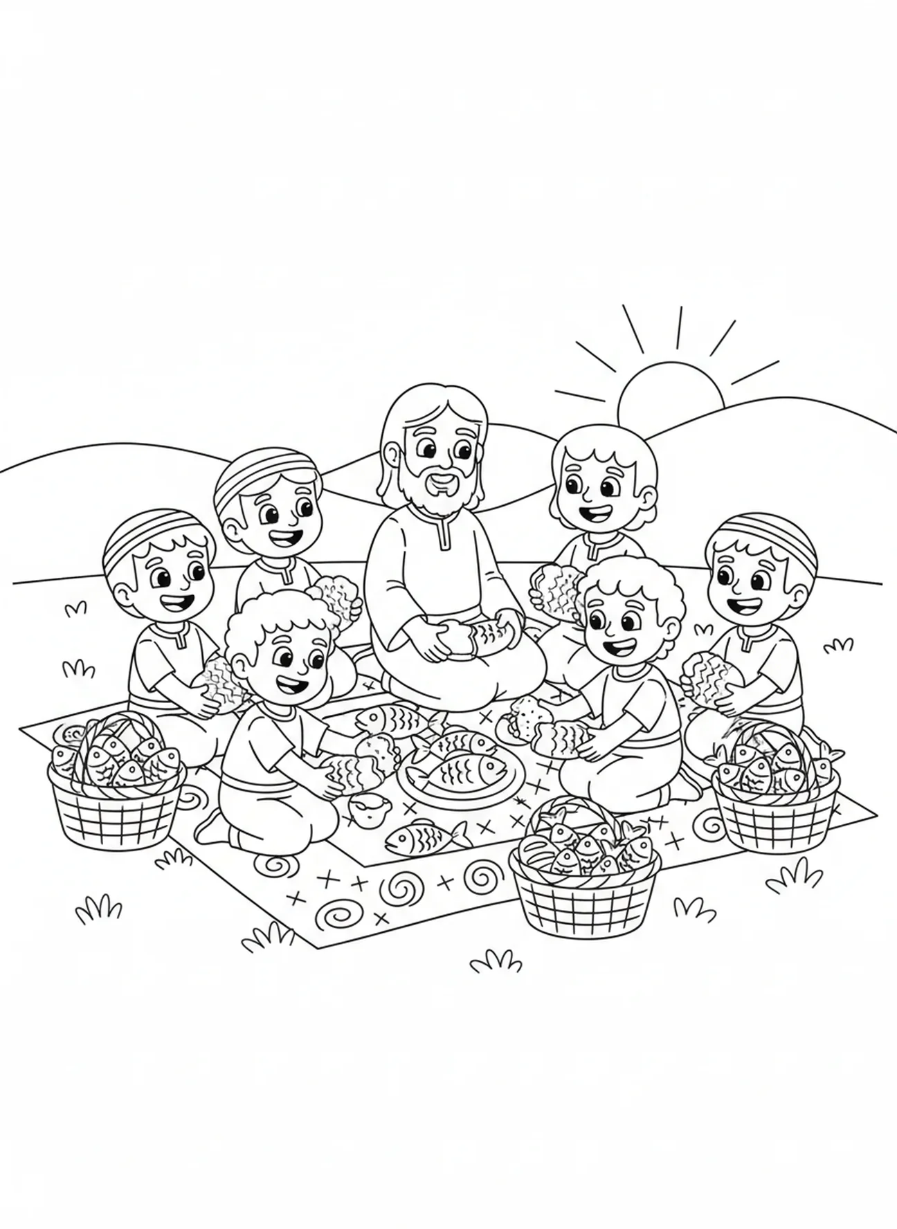 Brot und Fisch teilen, Jesus mit den Jüngern Malvorlage für Kinder im Alter von 5-10 Jahren.