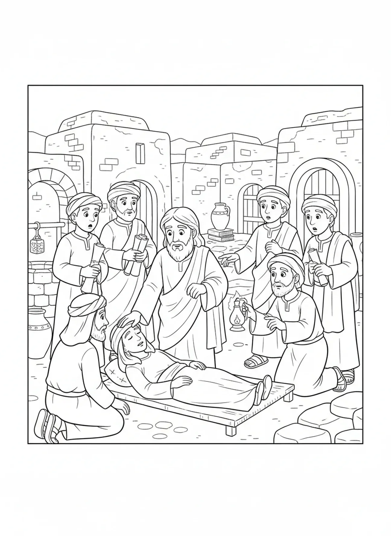 Jesus heilt die Kranken, Ausmalbild von Jesus mit seinen Jüngern für die Sonntagsschule für Kinder im Alter von 5-12 Jahren.