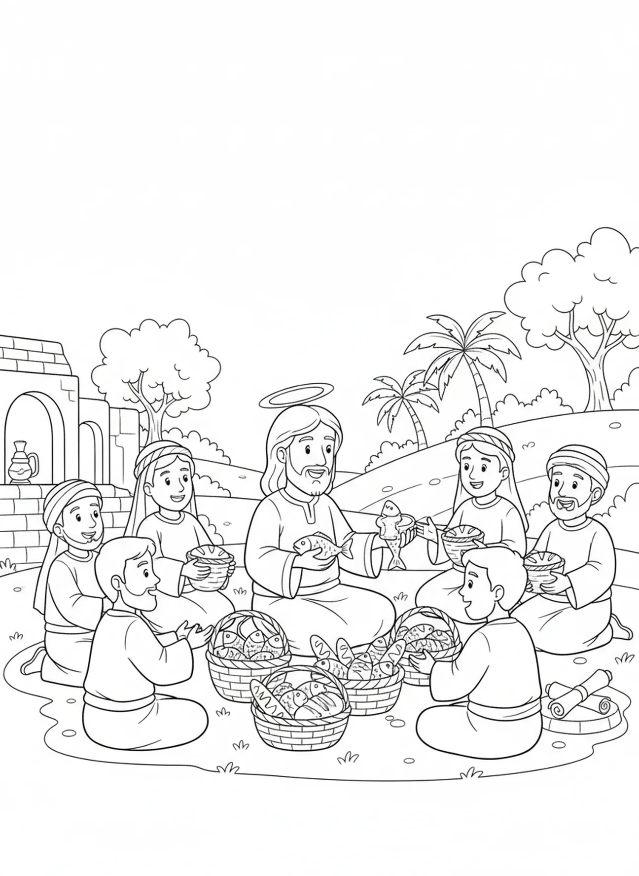 Jesus teilt Brot und Fisch, Ausmalbild von Jesus mit seinen Jüngern für die Sonntagsschule für Kinder im Alter von 5-12 Jahren.