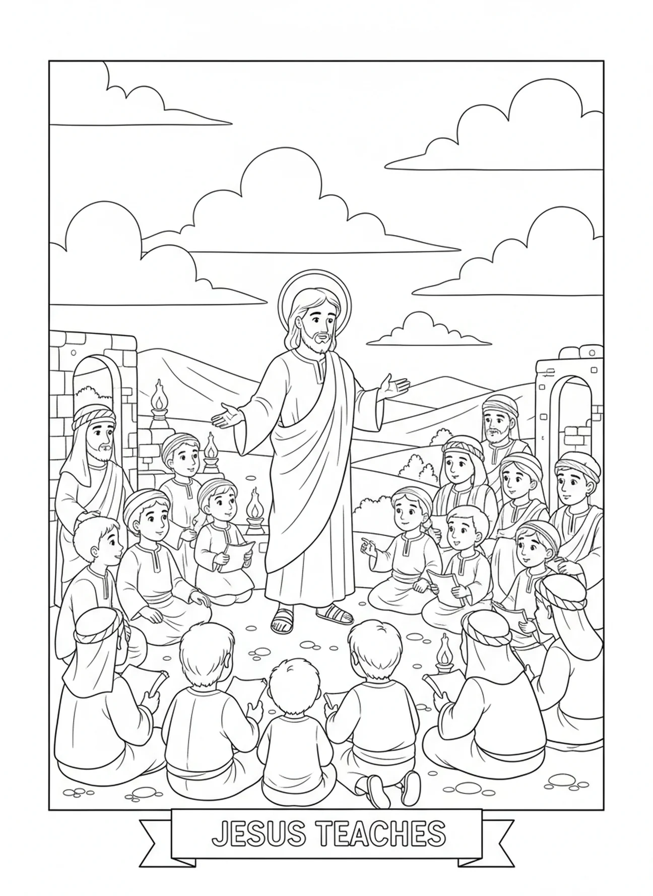 Jesus lehrt auf dem Berg, Ausmalbild von Jesus mit seinen Jüngern für die Sonntagsschule für Kinder im Alter von 5-12 Jahren.