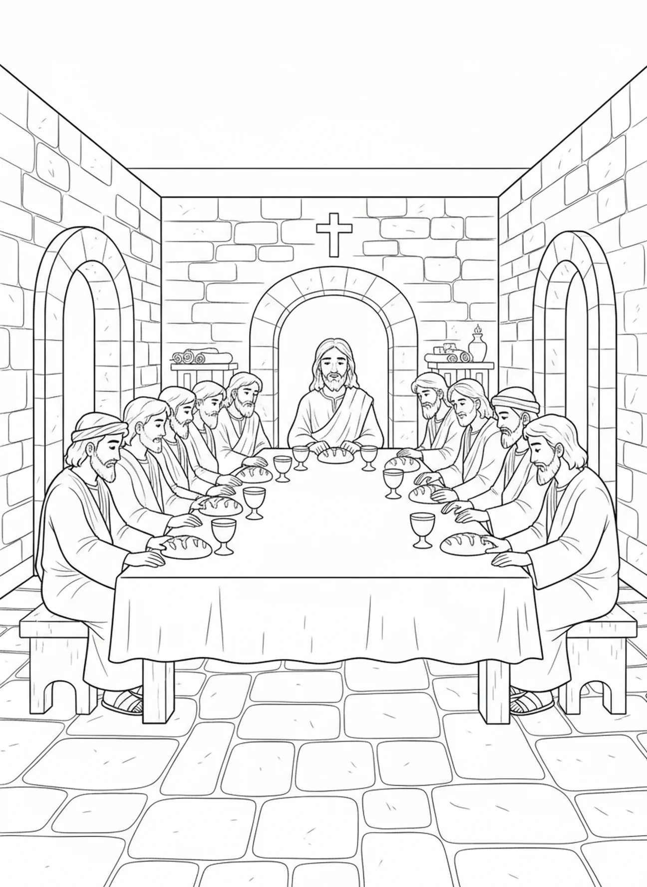 Das letzte Abendmahl mit Jesus und seinen Jüngern, Ausmalbild von Jesus mit seinen Jüngern für Sonntagsschulkinder im Alter von 5-12 Jahren.