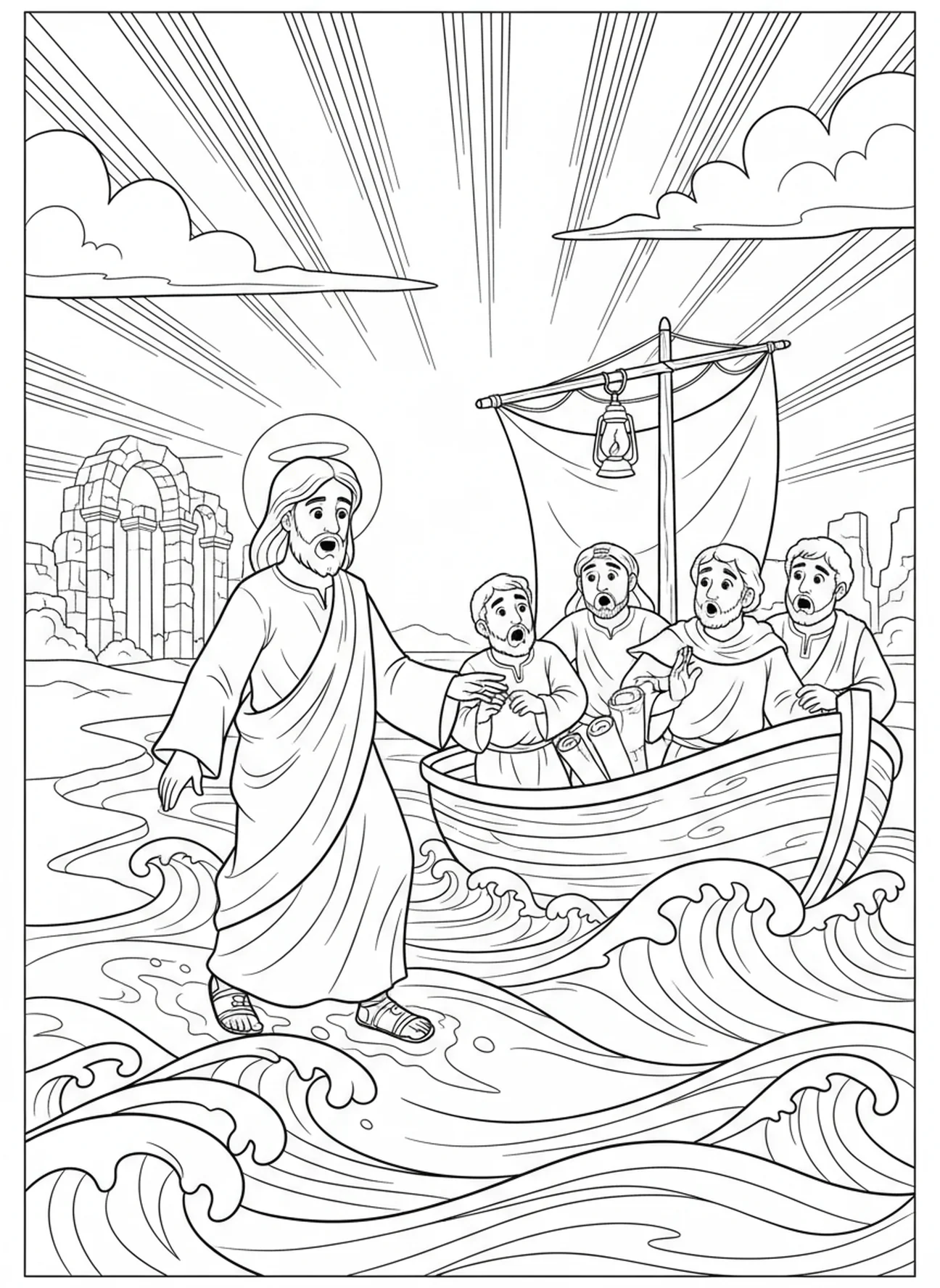 Jesus geht auf dem Wasser, Ausmalbild von Jesus mit seinen Jüngern für die Sonntagsschule für Kinder im Alter von 5-12 Jahren.