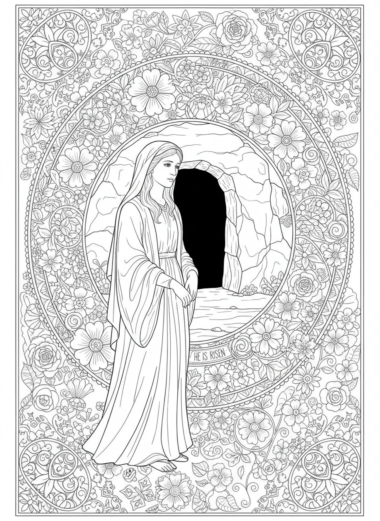 Joanna am Grab, Joanna Ausmalbild für Erwachsene im Bibel-Journaling-Stil