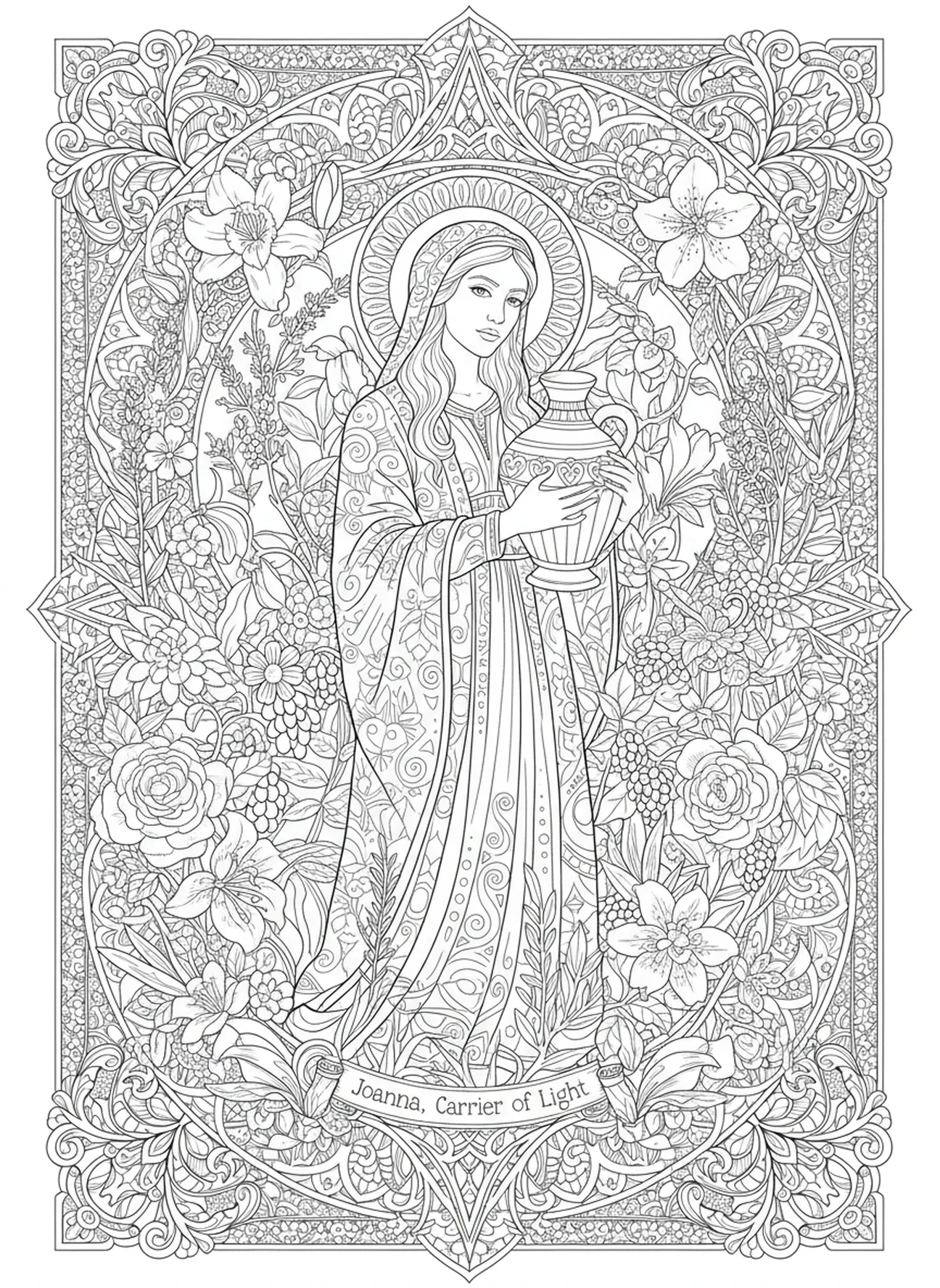 Joanna mit Salböl, Joanna Ausmalbild für Erwachsene im Bibel-Journaling-Stil