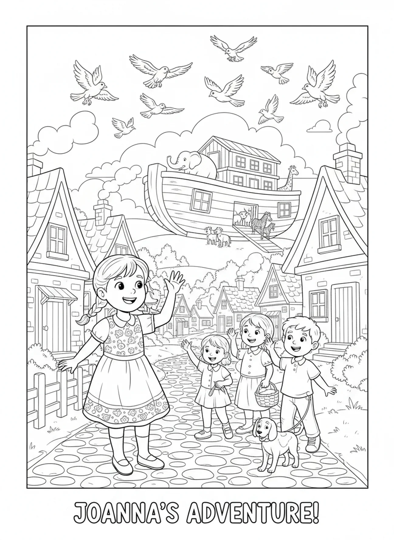 Joanna geht durch das Dorf, Ausmalbild für Kinder im Alter von 5-10 Jahren