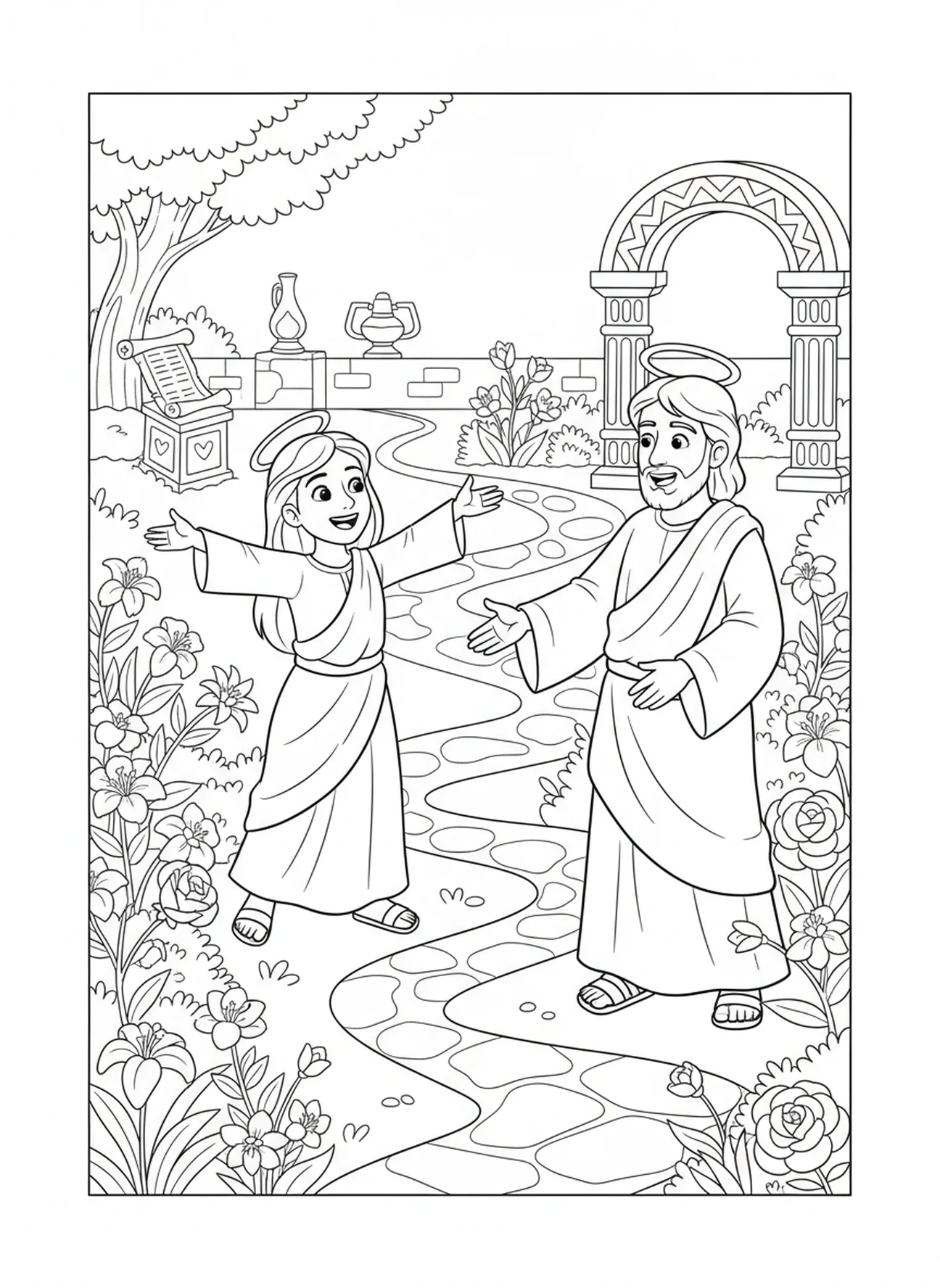 Joanna saluant Jésus, page à colorier de Joanna pour les enfants de l'École du dimanche âgés de 5 à 12 ans.